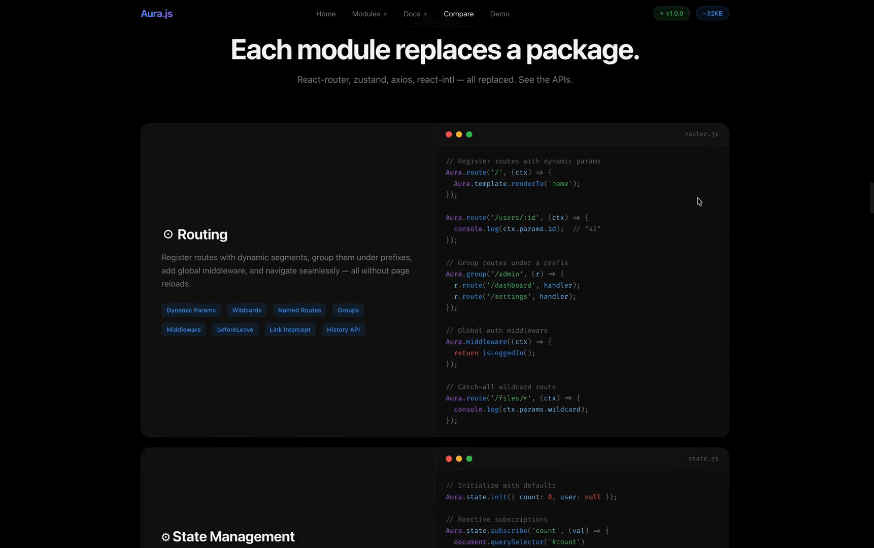Code examples showing Routing module with dynamic params, groups, middleware, and wildcards