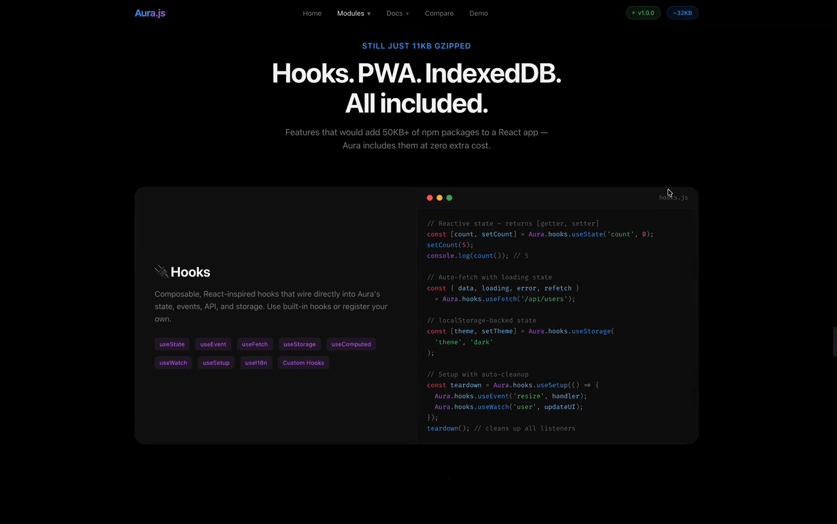 Hooks module — useState, useFetch, useStorage, useComputed, useSetup with React-style composable API