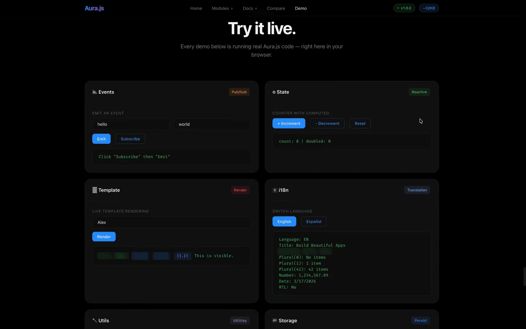 Live interactive demo page — Events, State, Template, i18n modules running real Aura.js code in the browser