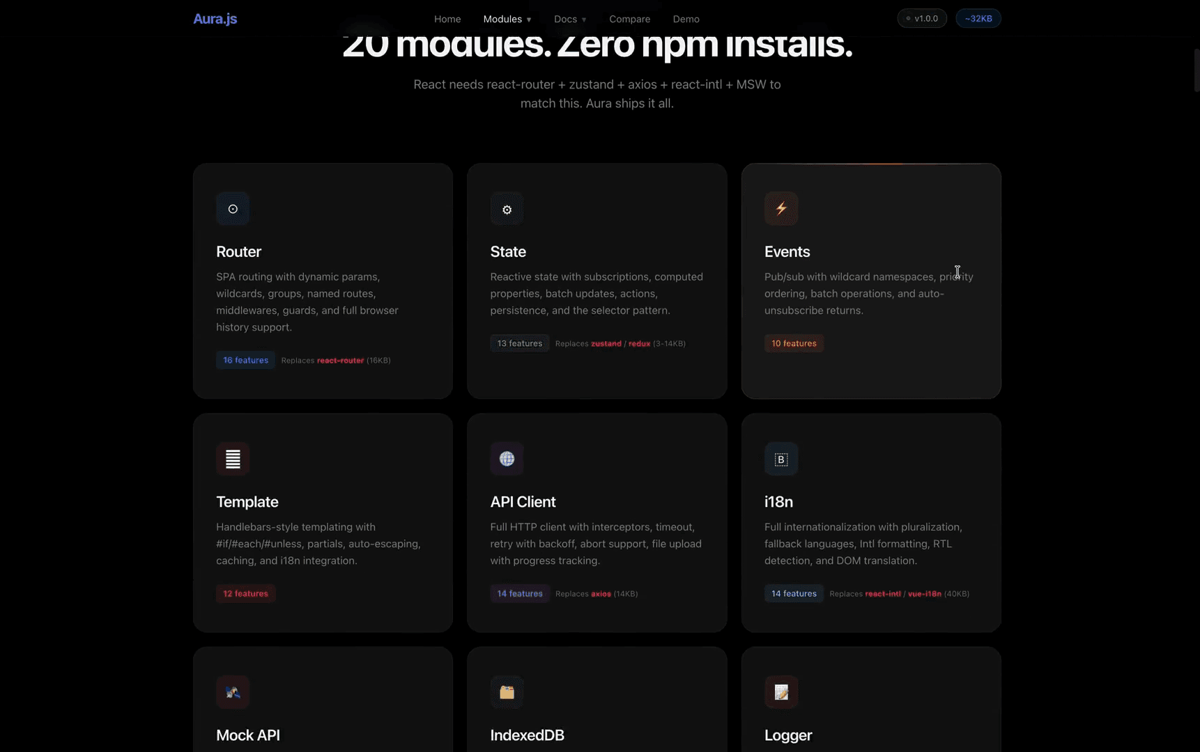 Aura.js modules grid — Router, State, Events, Template, API Client, i18n, Mock API, IndexedDB, Logger cards