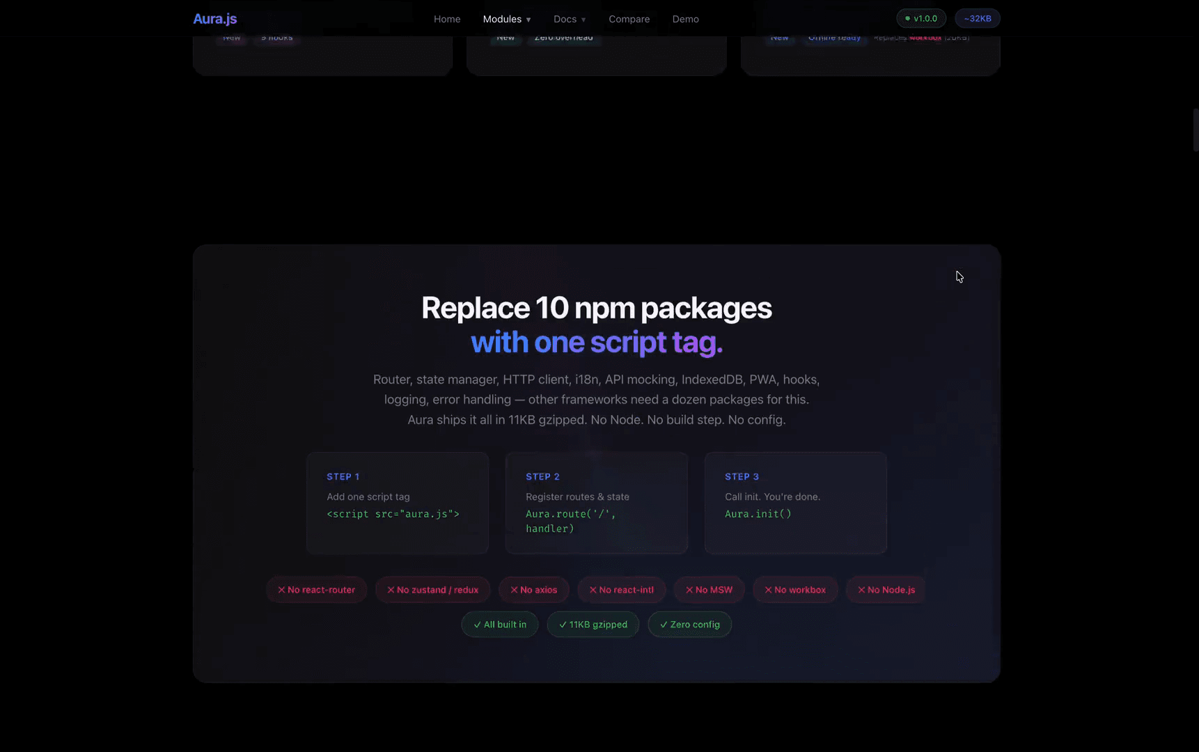 Replace 10 npm packages with one script tag — 3-step setup: add script, register routes, call init