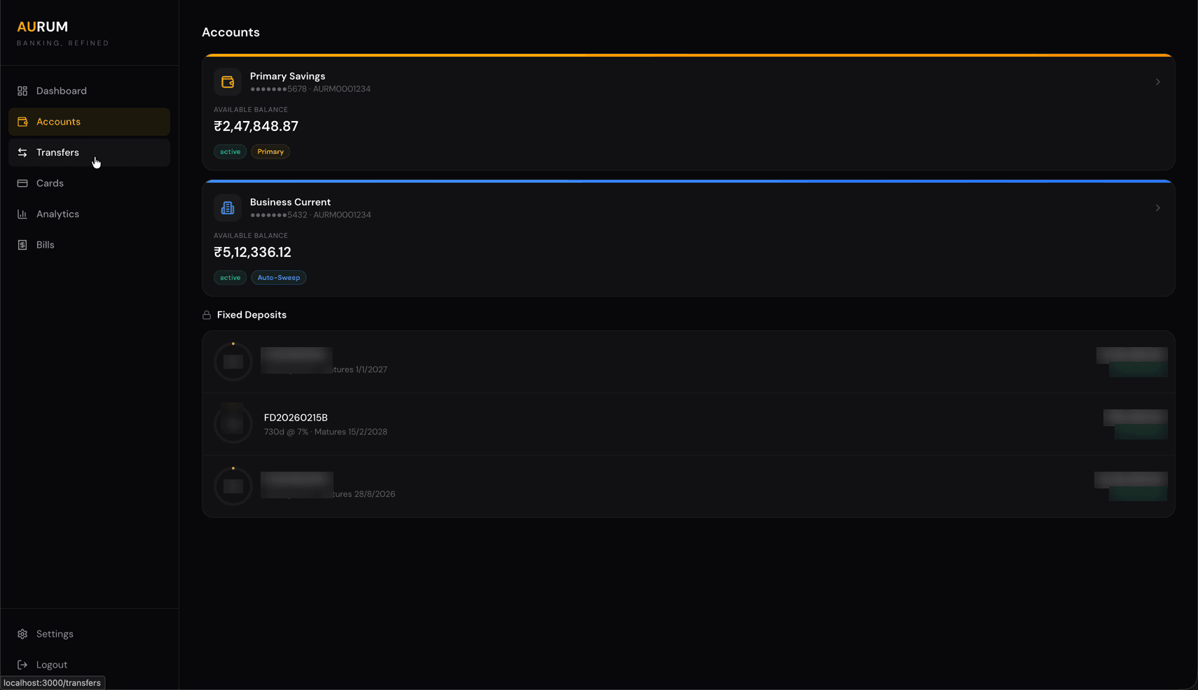 Aurum accounts page — Primary Savings and Business Current accounts with balances, fixed deposits list