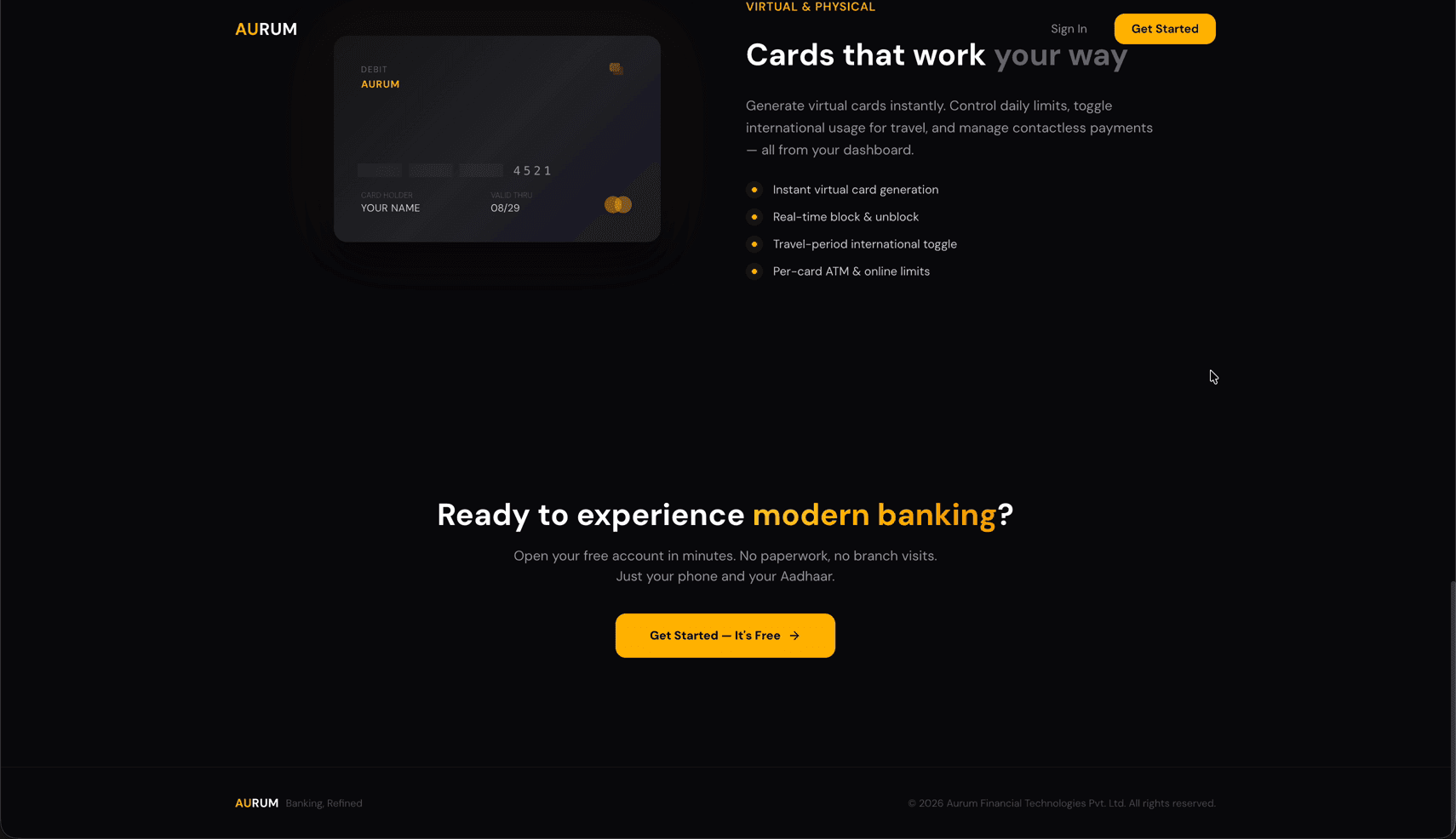 Aurum CTA section — 'Ready to experience modern banking?' with card preview and Get Started button
