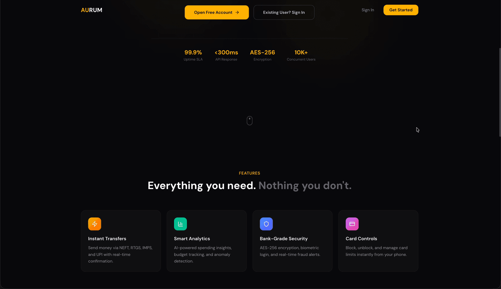Aurum features section — 'Everything you need. Nothing you don't' with Instant Transfers, Smart Analytics, Bank-Grade Security, Card Controls