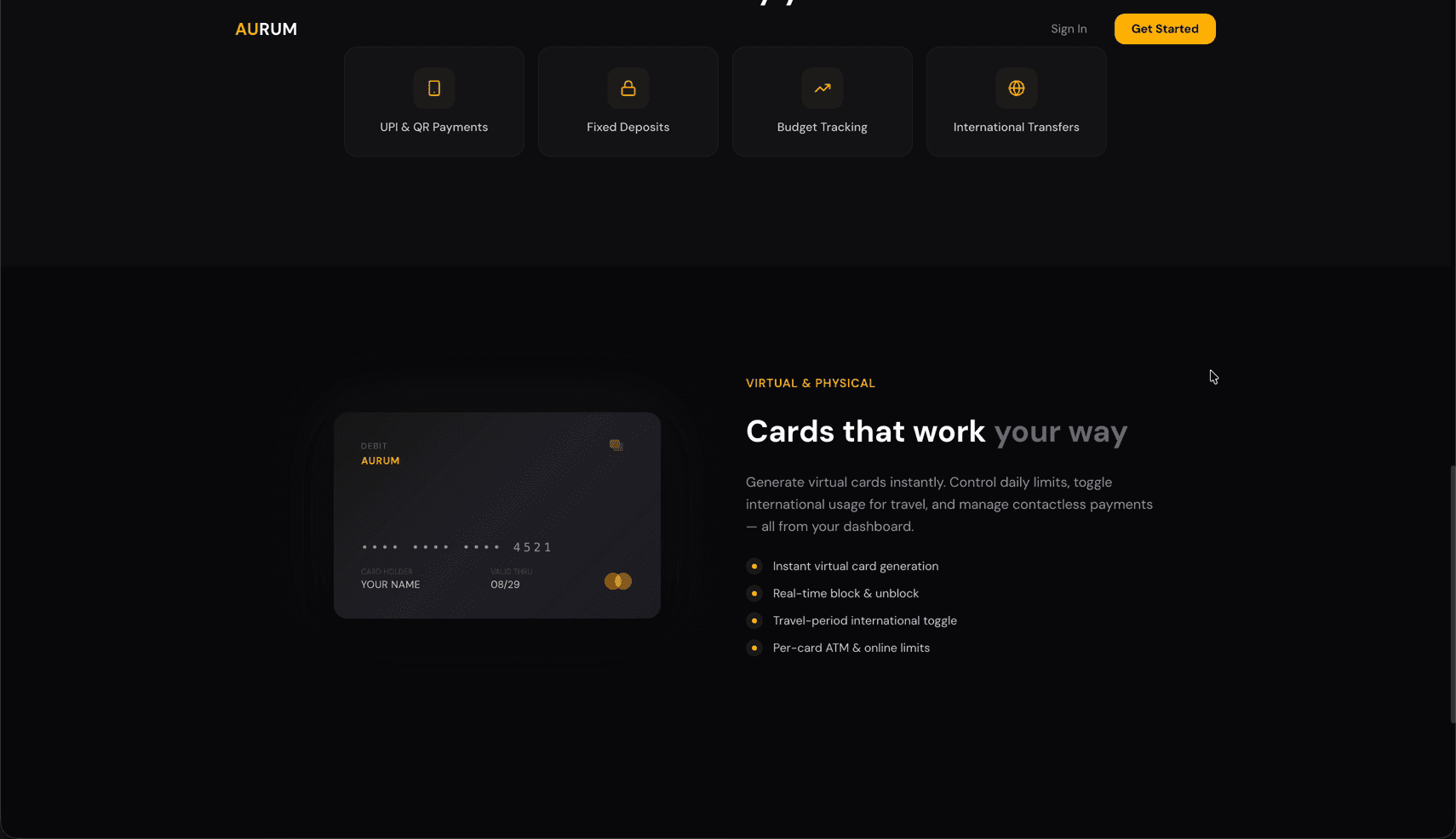 Aurum virtual card section — 'Cards that work your way' with 3D card preview and real-time block/unblock controls