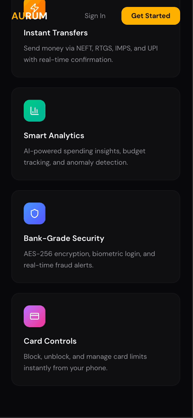 Aurum mobile dashboard — balance overview, quick actions, and transaction feed on mobile