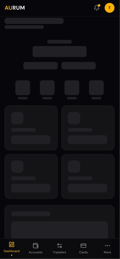 Aurum mobile landing — responsive hero with 'Banking, Refined' tagline and amber CTA buttons