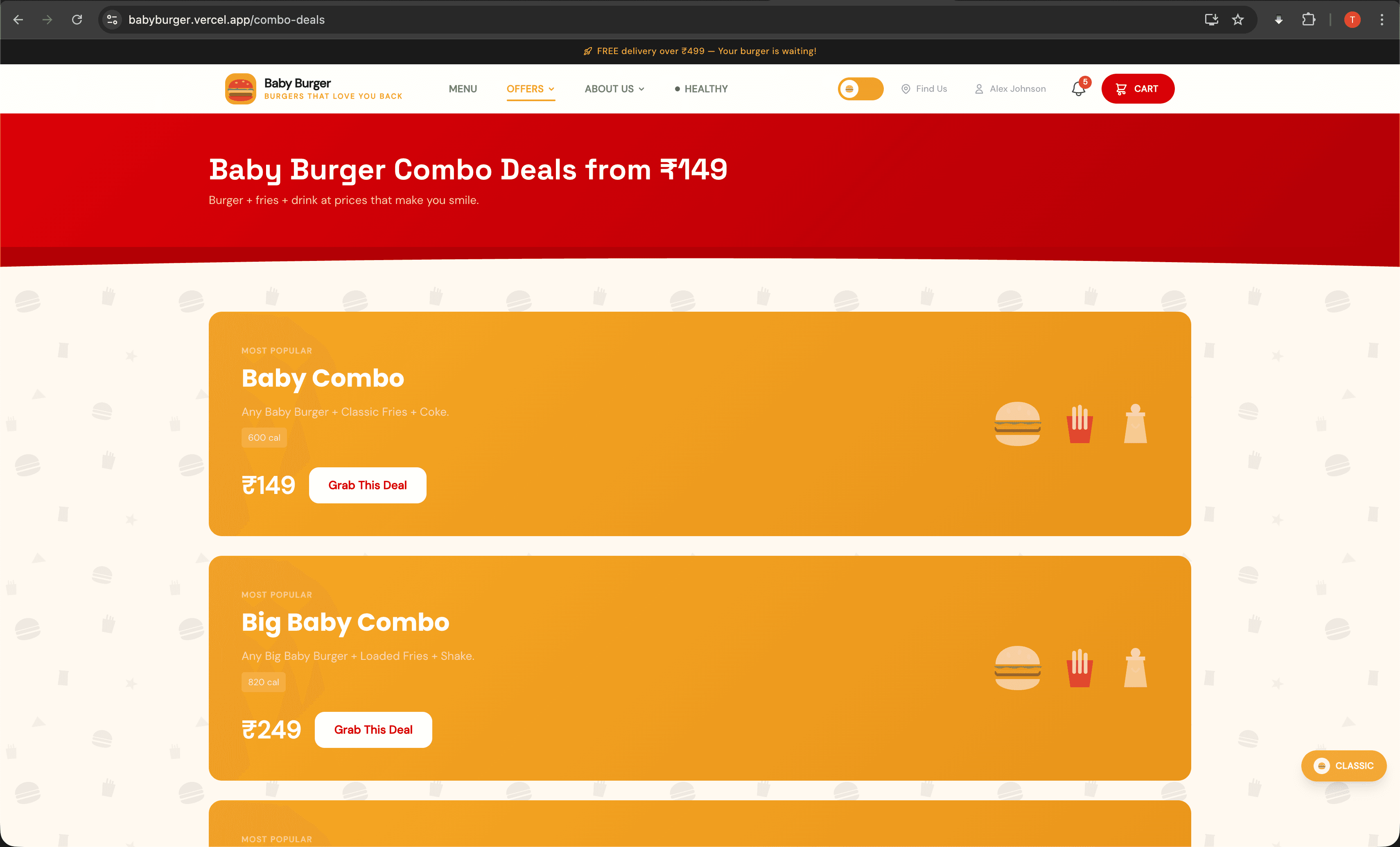 Burger Empire combo deals page — Baby Combo at Rs 149 and Big Baby Combo at Rs 249 with grab-this-deal CTAs