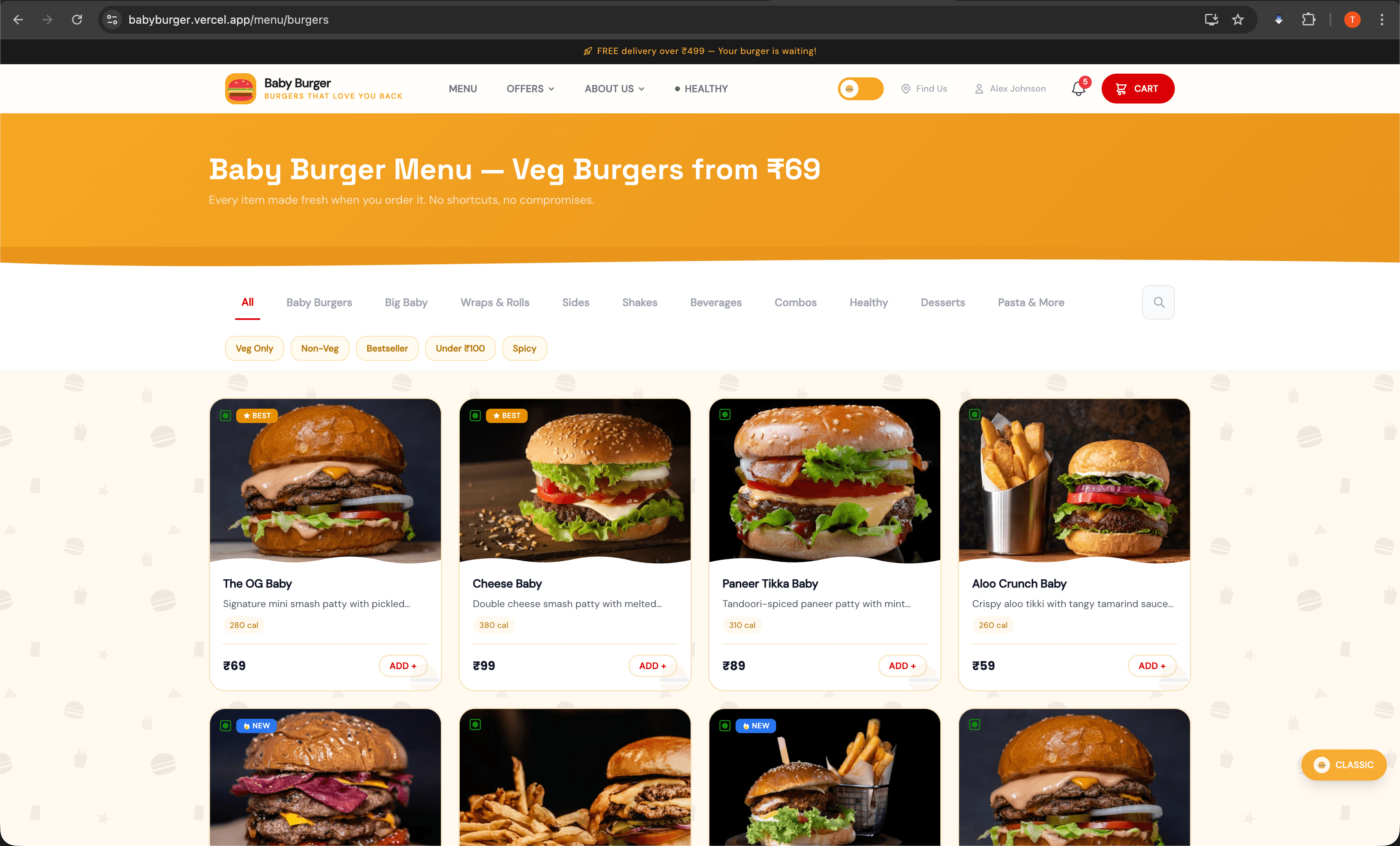 Burger Empire classic menu page showing veg burgers from Rs 69 with category filters and add-to-cart