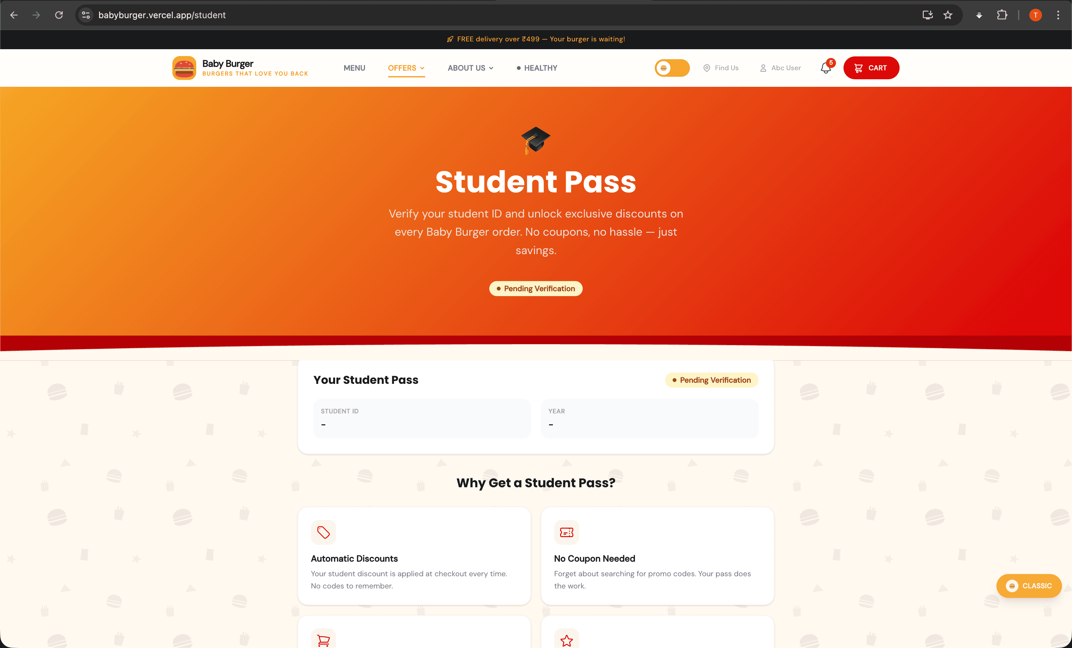 Burger Empire student pass — verify student ID for automatic discounts on every order, no coupons needed
