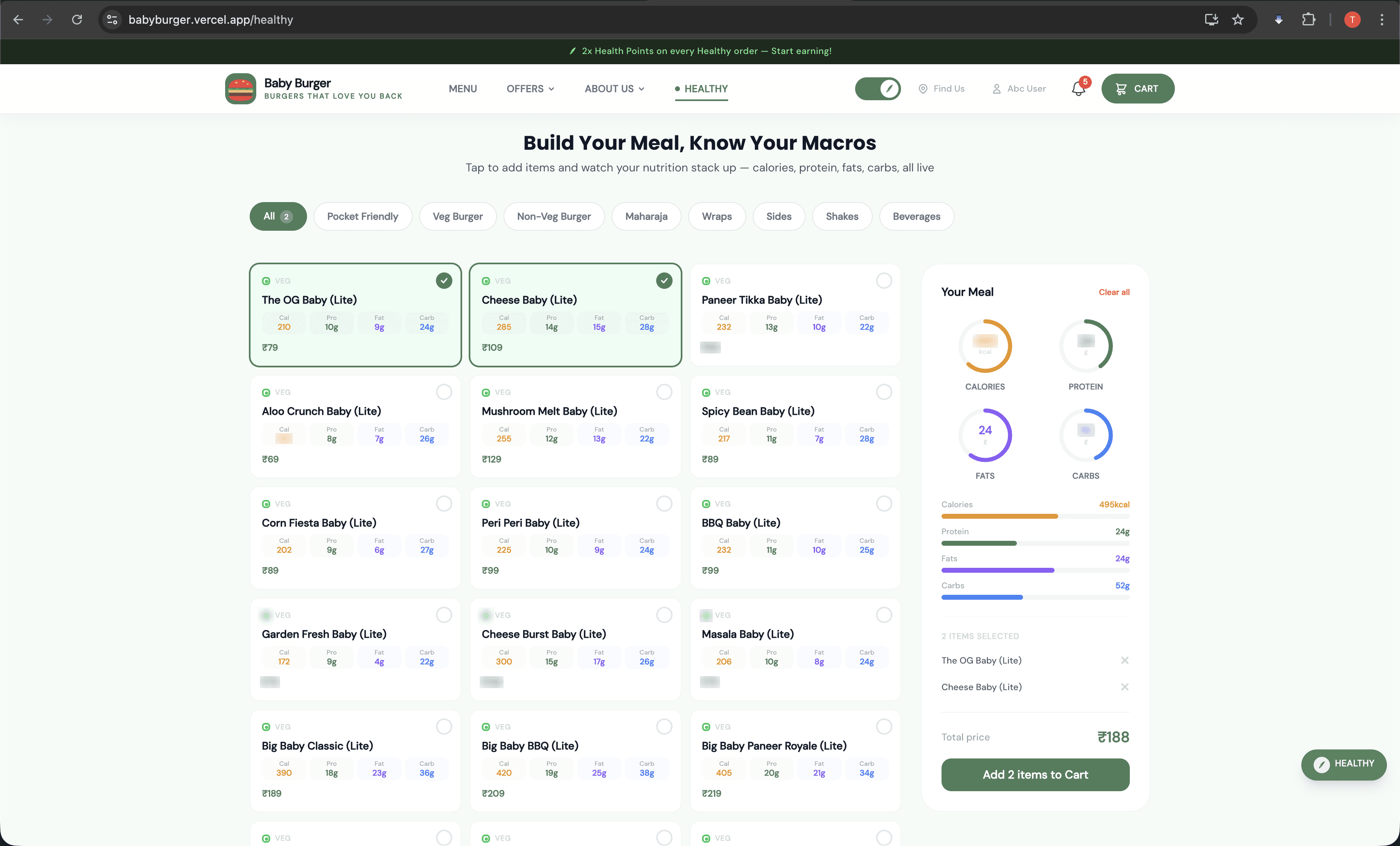 Burger Empire live nutrition calculator showing calories, protein, fat, and carbs updating as items are added