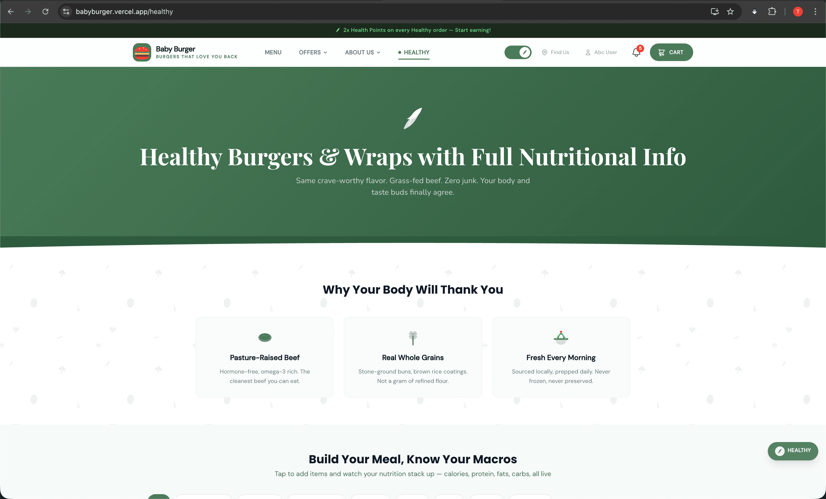 Burger Empire healthy mode landing — pasture-raised beef, real whole grains, build-your-meal macro calculator