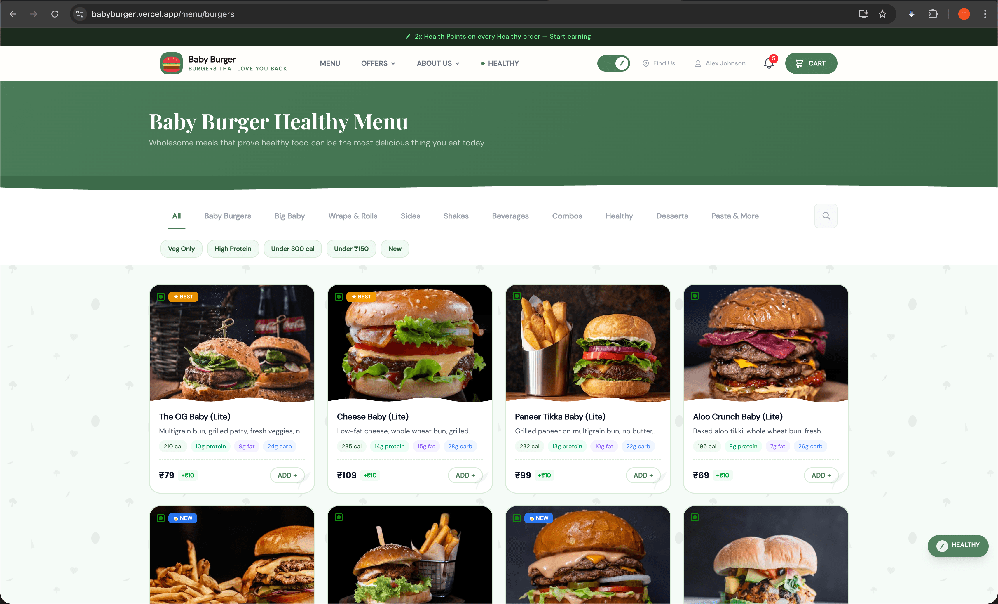 Burger Empire healthy menu with calorie counts, protein badges, and nutritional info on every item