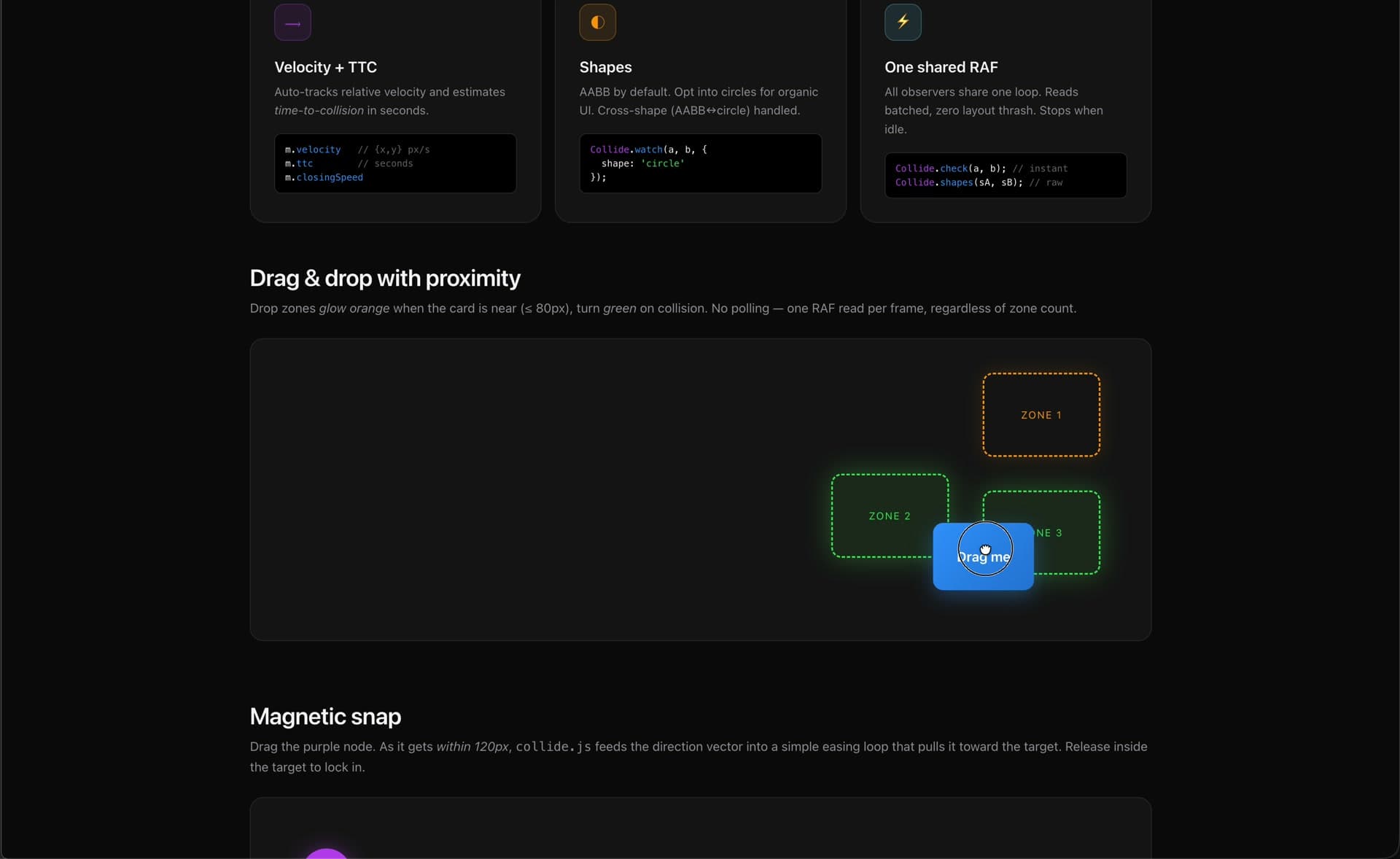 Velocity + TTC, Shapes (AABB + circle), One shared RAF features — plus drag & drop with proximity zones that glow orange when near and turn green on collision