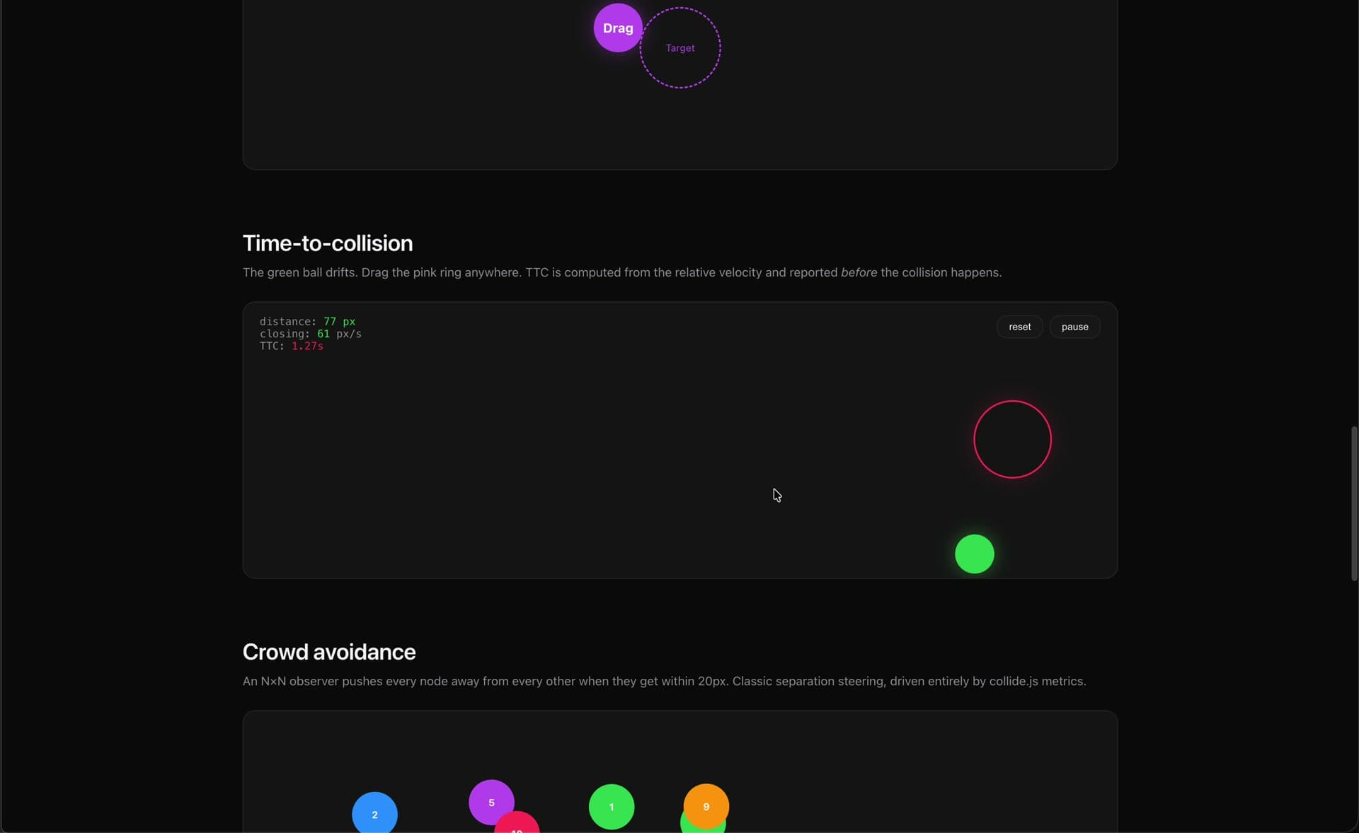 Magnetic snap demo — drag a purple node and collide.js feeds the direction vector into an easing loop that pulls it toward the target within 120px