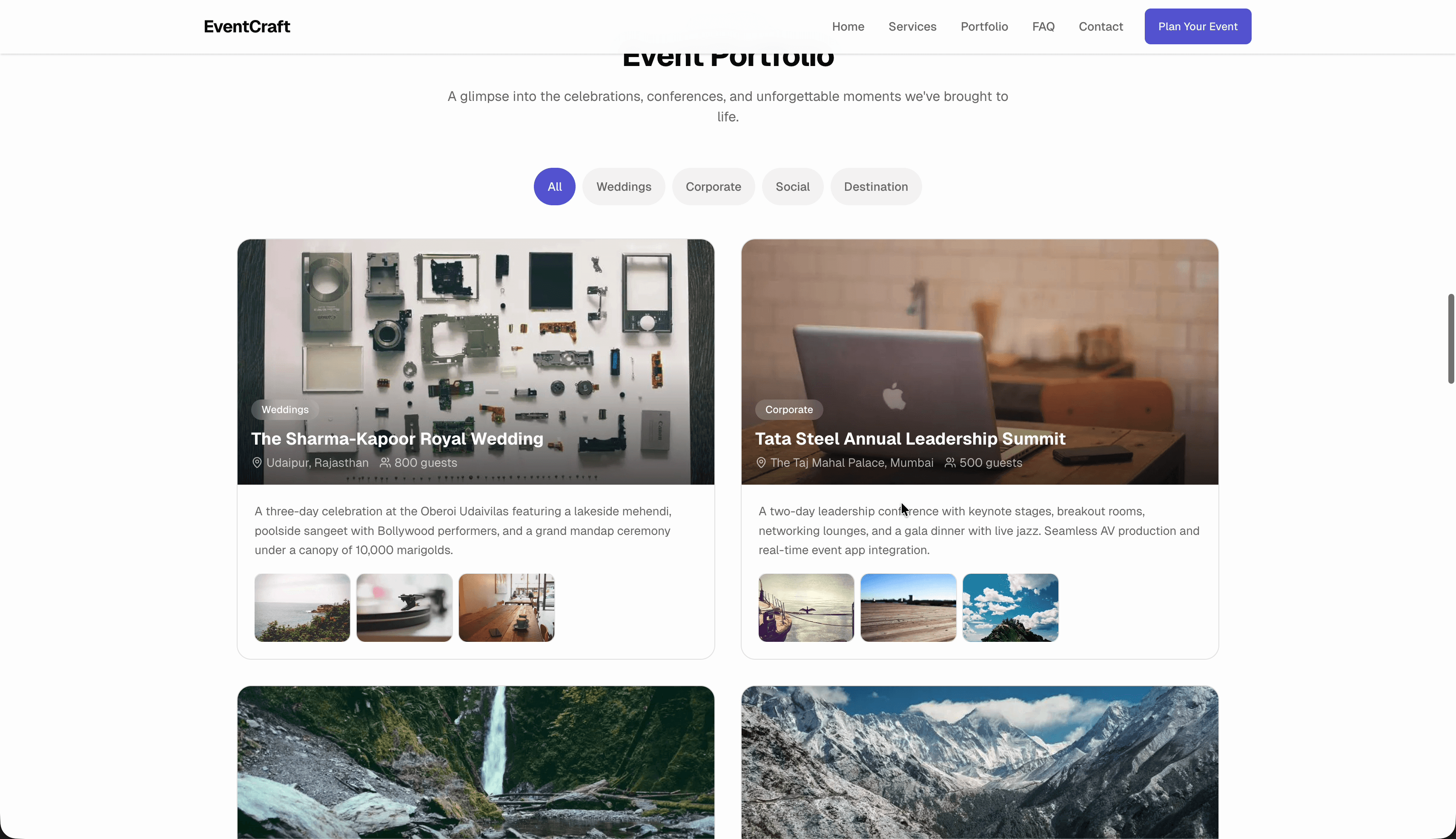 EventCraft event portfolio — showcase of completed weddings, corporate events, and social gatherings