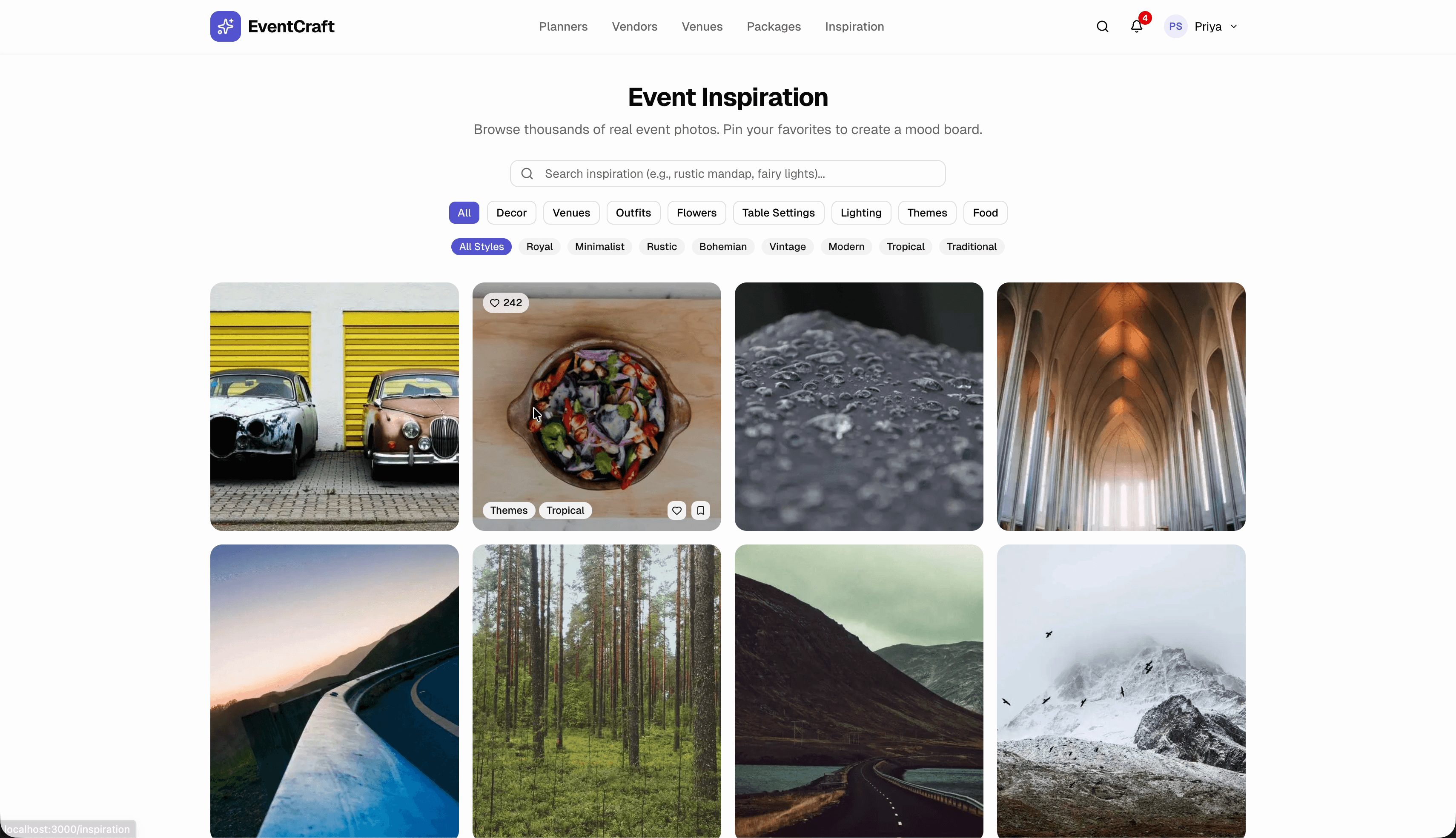 EventCraft inspiration gallery — browse event photos by category and style with mood board pinning