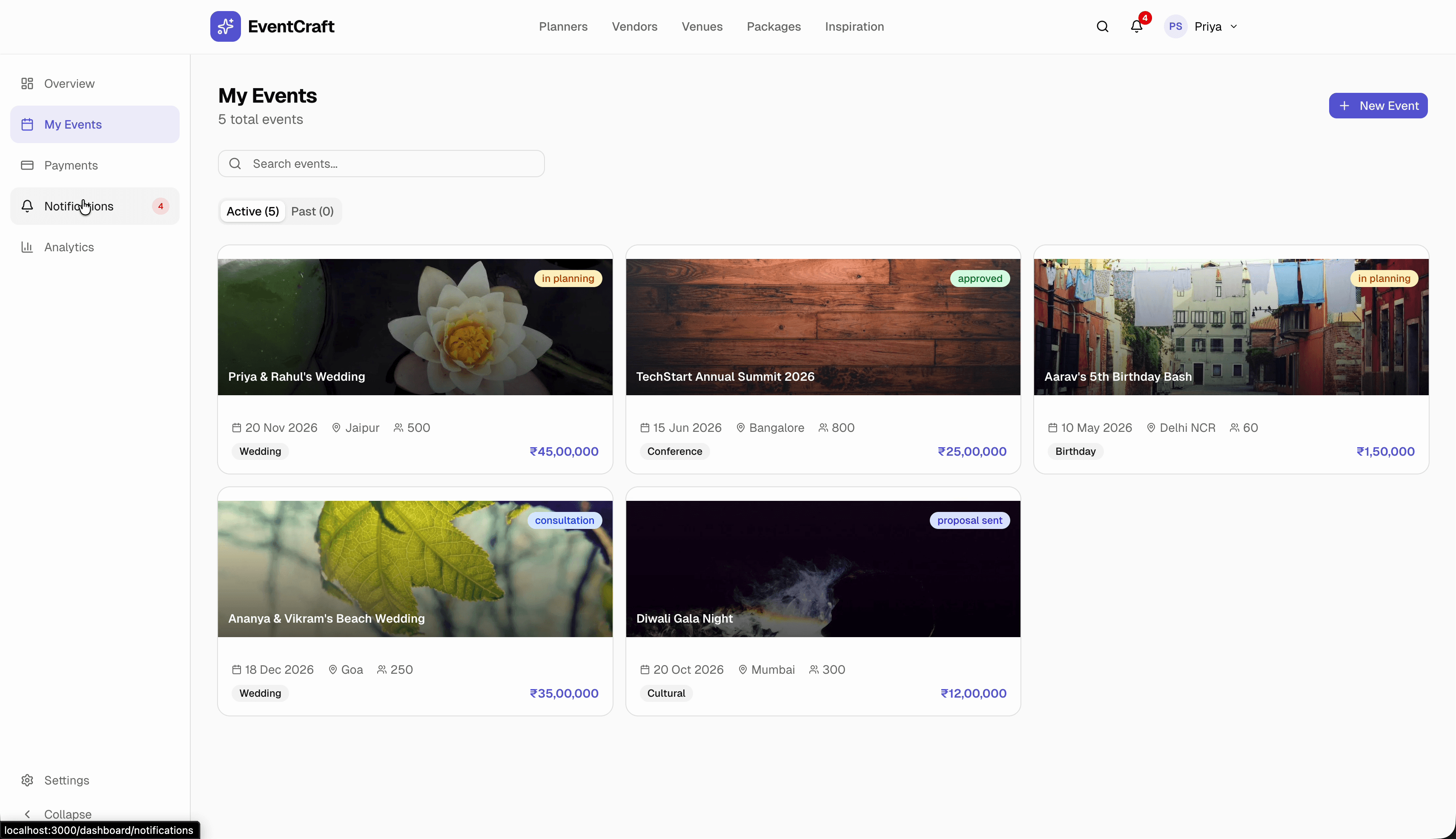 EventCraft My Events — event cards with status, date, location, guest count, and budget