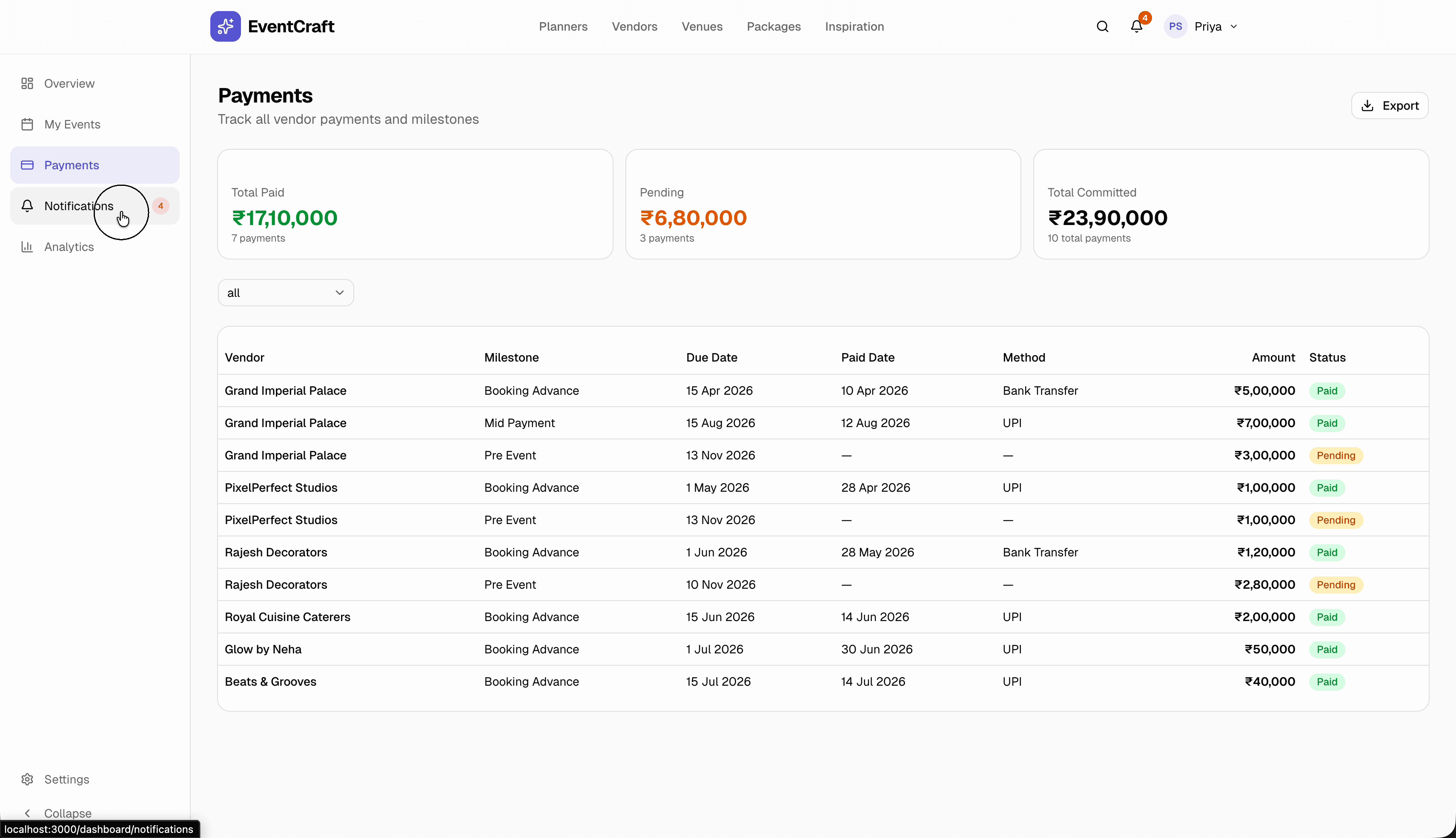EventCraft payments — vendor payment tracking with milestones, due dates, amounts, and status