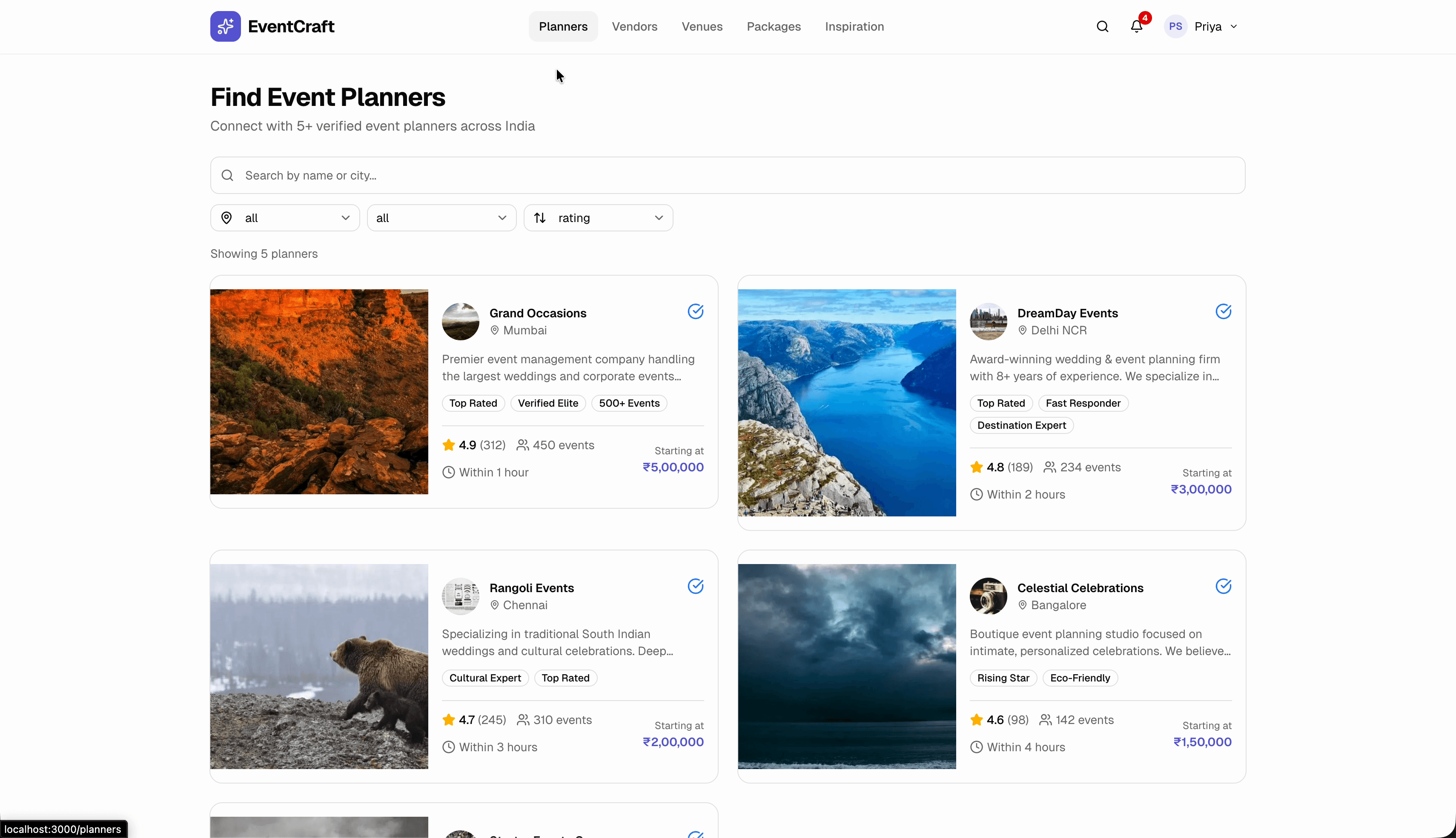 EventCraft planner discovery — find planners by event type, budget, city with ratings and portfolios