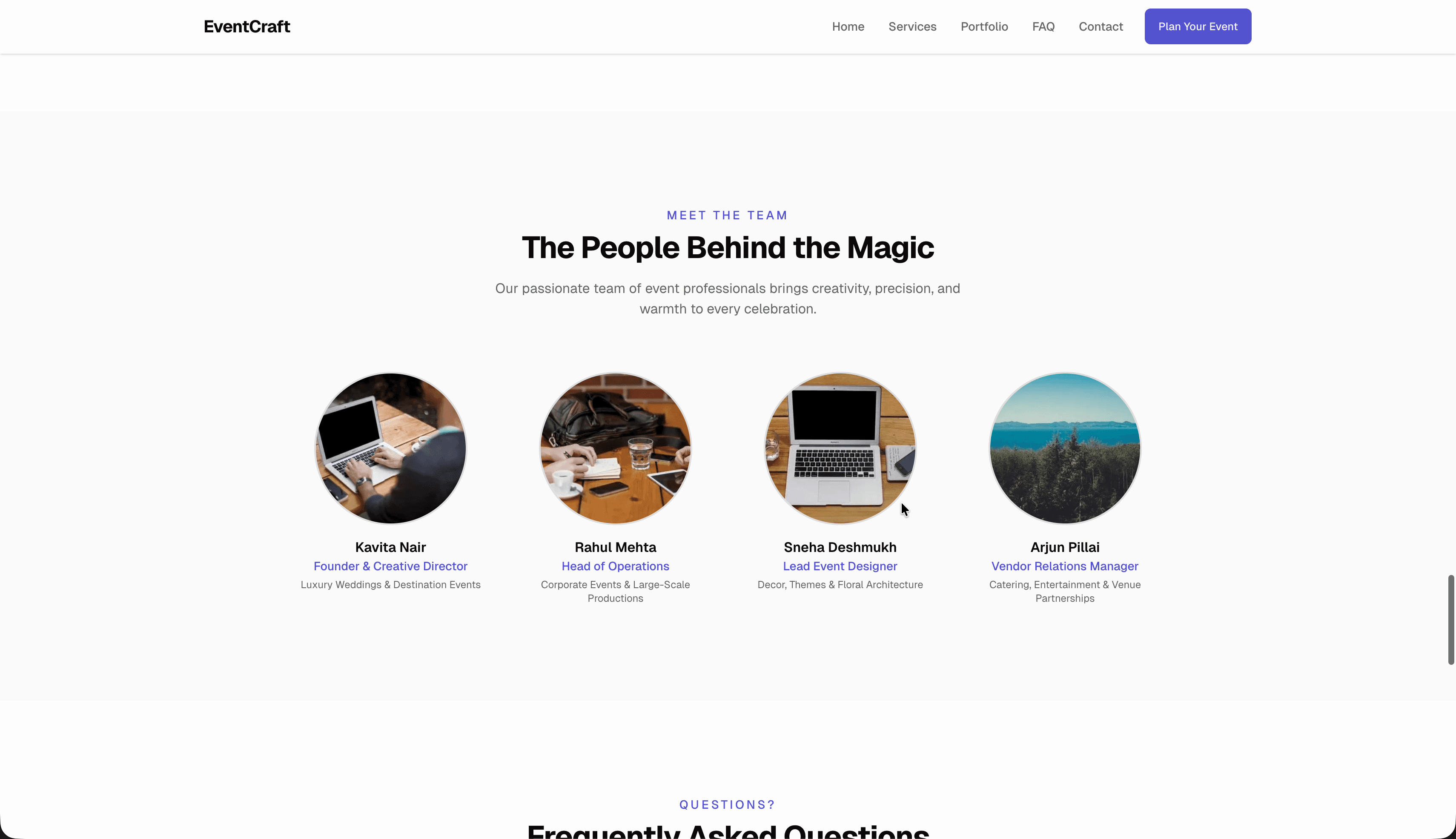 EventCraft team section — event professionals with roles and specializations