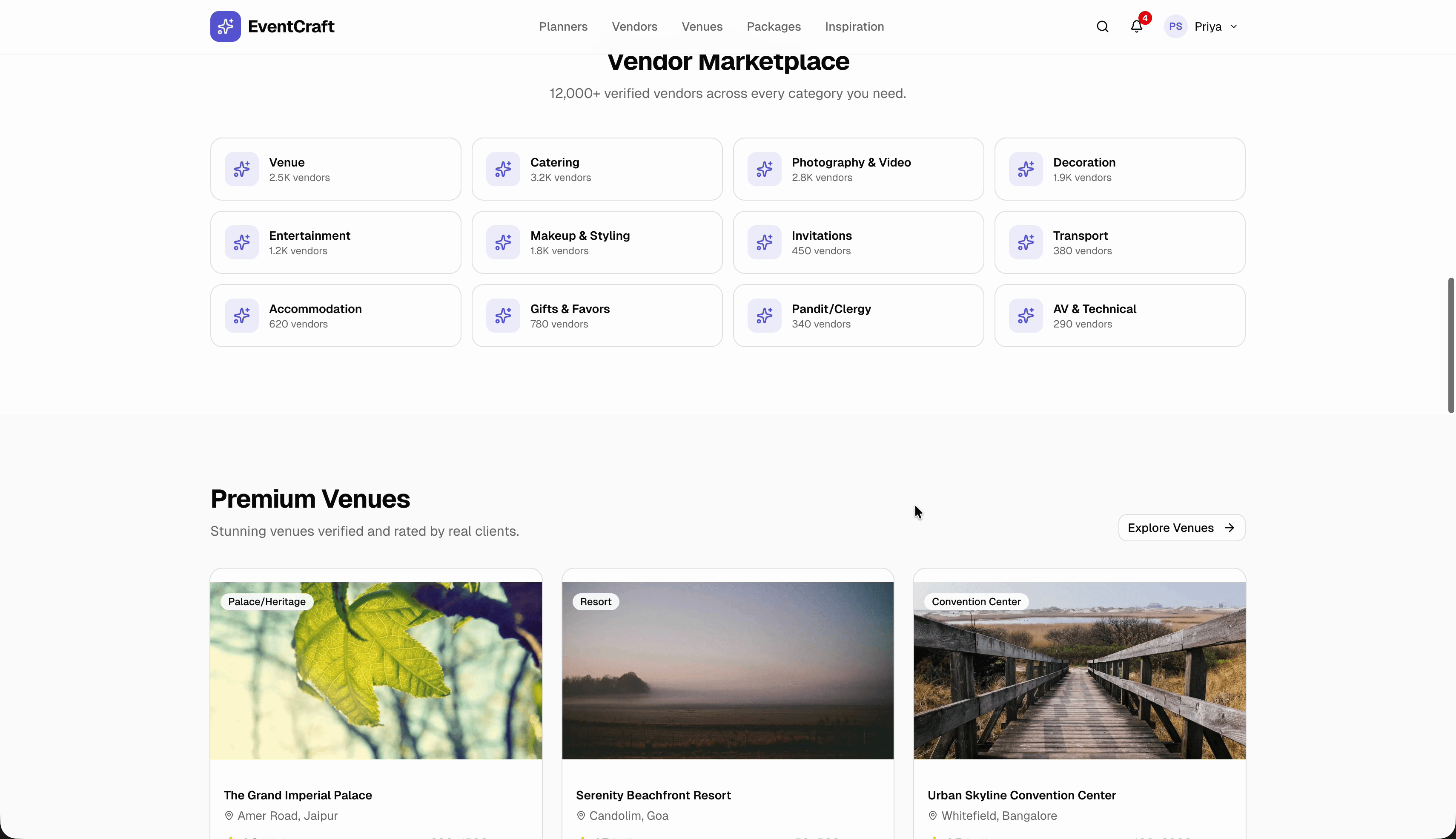 EventCraft vendor marketplace — 12 categories with vendor counts and premium venue showcase
