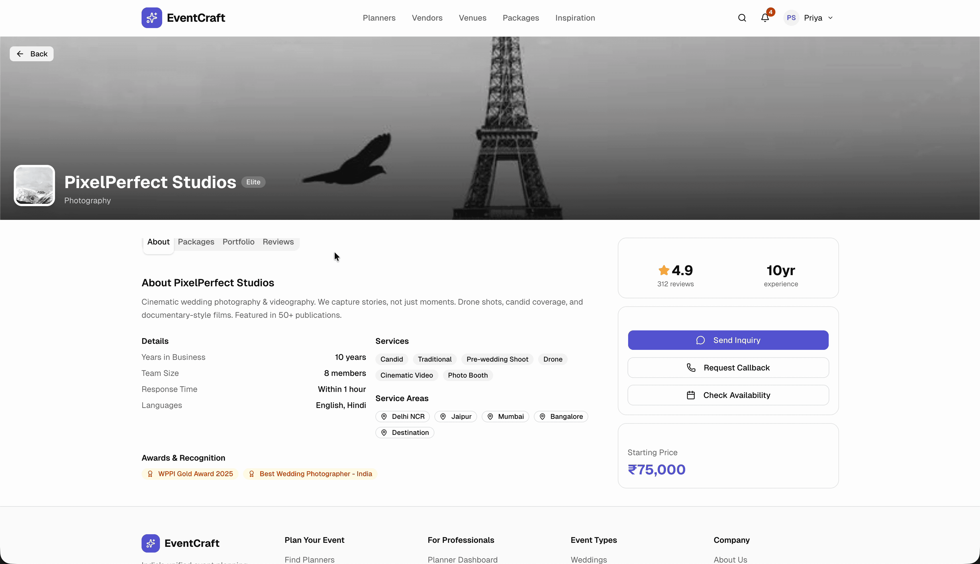 EventCraft vendor profile — photographer with packages, portfolio, reviews, and service areas