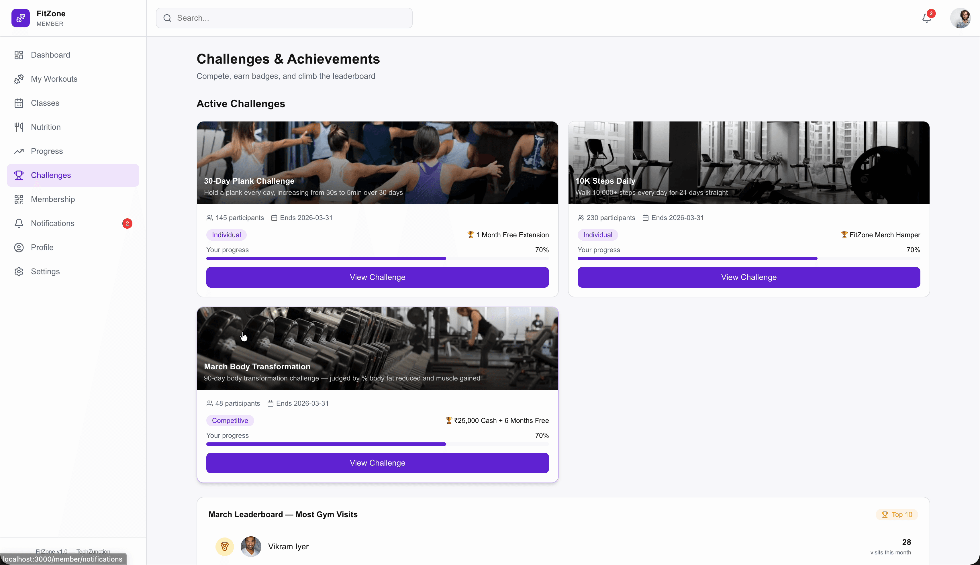 FitZone challenges — active challenges with participants, prizes, and leaderboard
