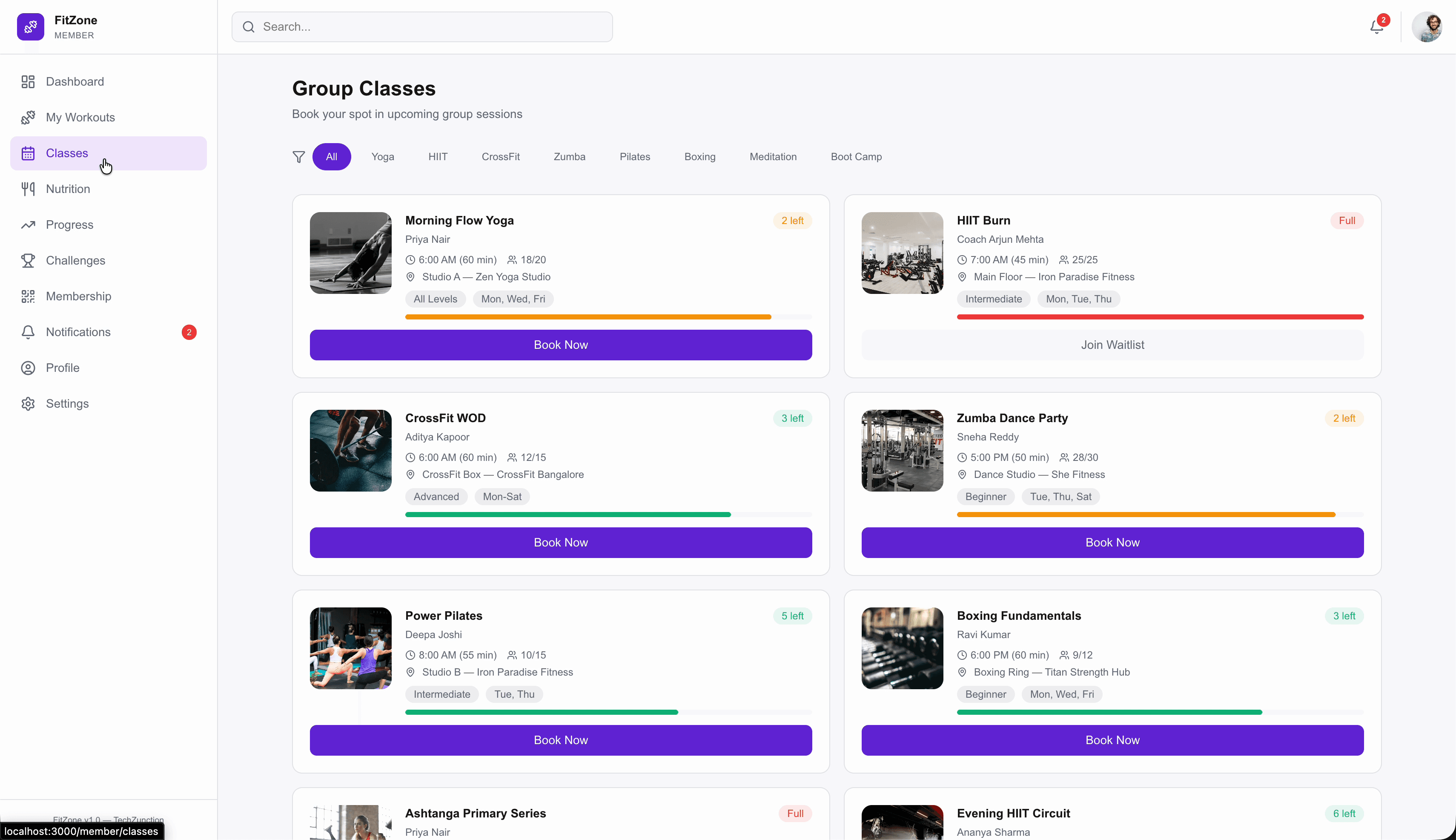 FitZone group classes — Yoga, HIIT, CrossFit, Zumba, Pilates, Boxing with booking and availability