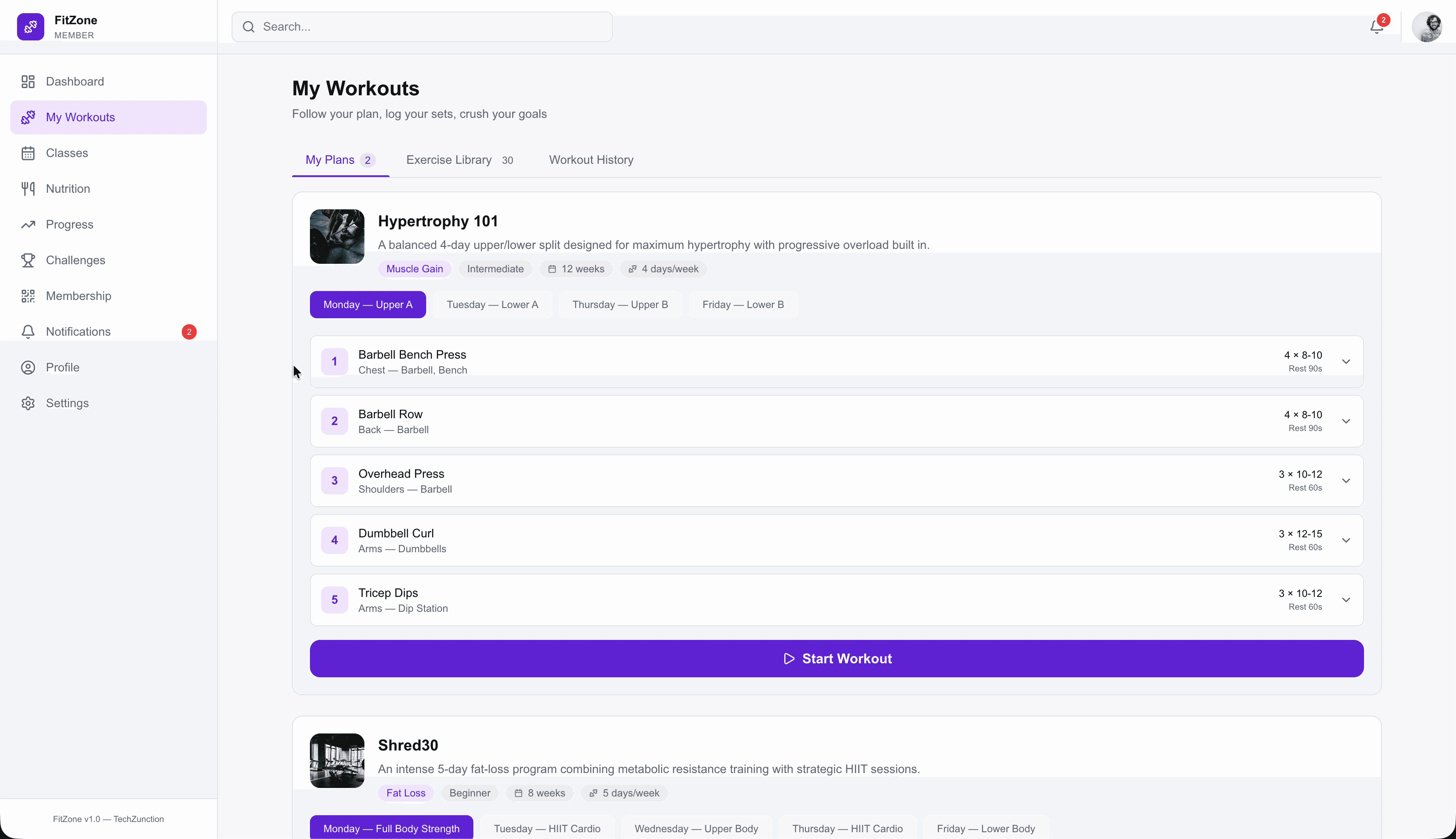 FitZone workouts — training plans with exercises, sets, reps, and progressive overload tracking