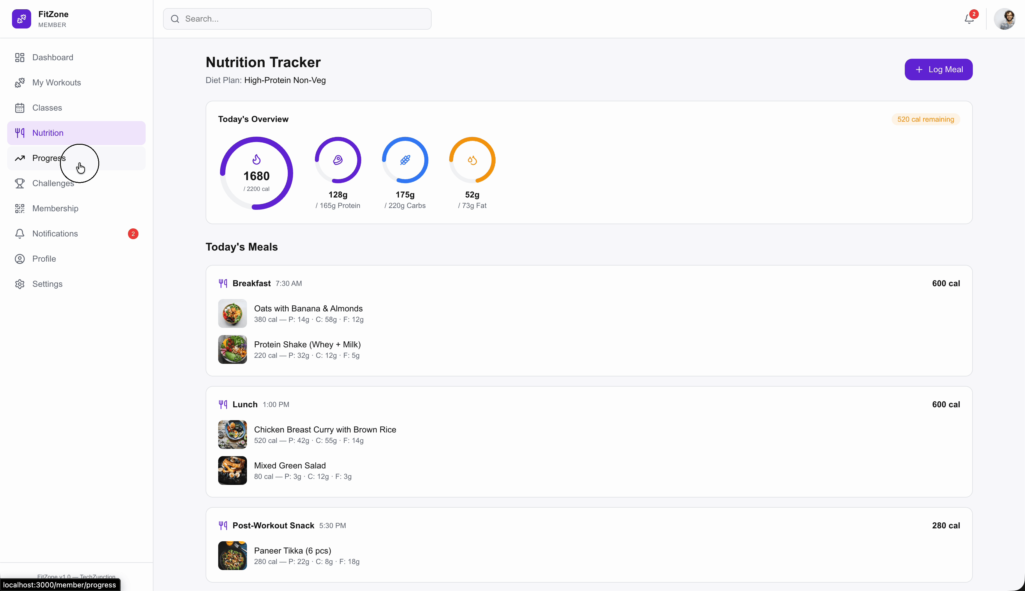 FitZone nutrition tracker — daily calorie and macro overview with meal logging