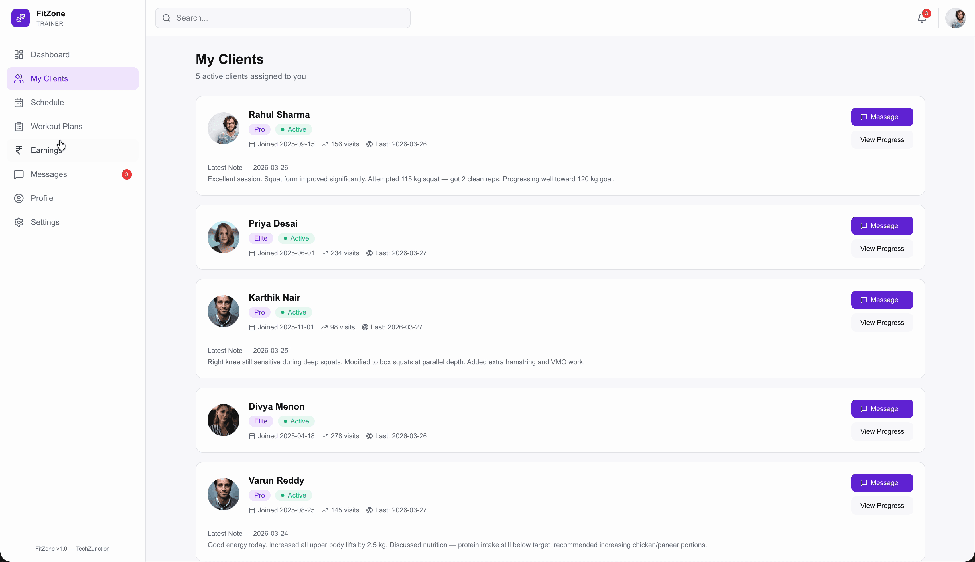 FitZone trainer clients — active clients with visit count, progress, and messaging
