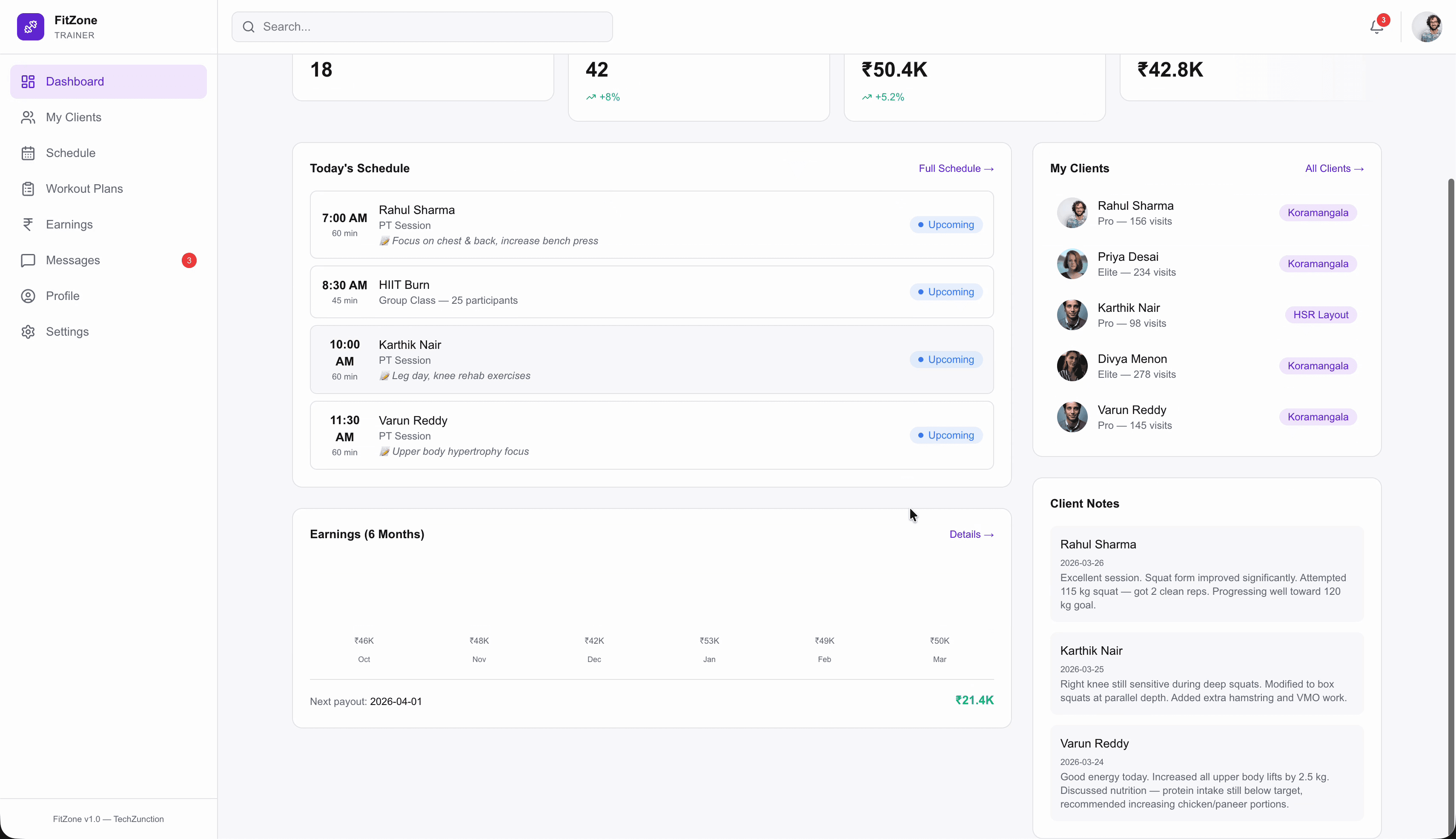 FitZone trainer dashboard — schedule, clients, earnings, and client notes