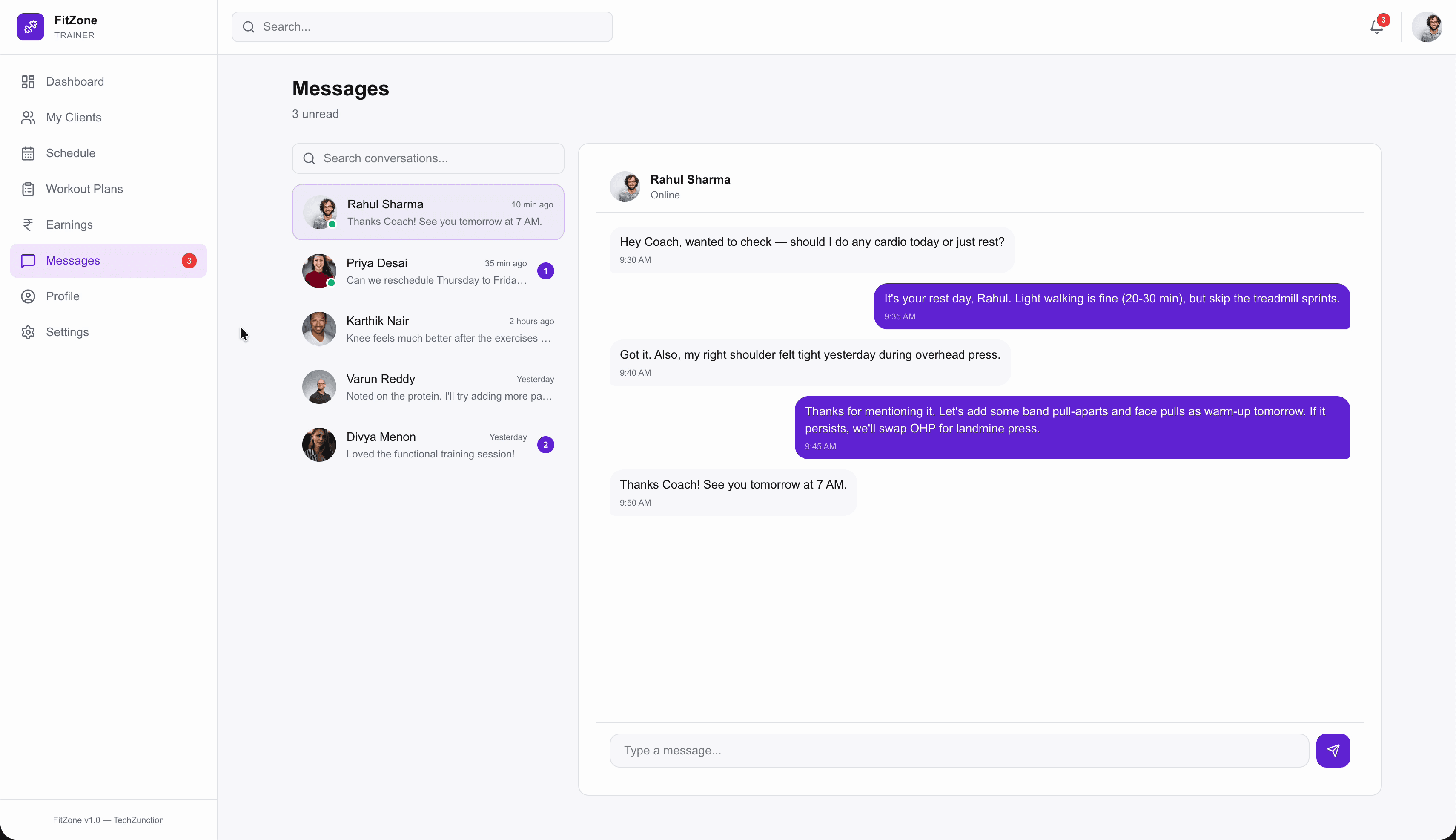 FitZone trainer messaging — in-app chat with clients for coaching and support