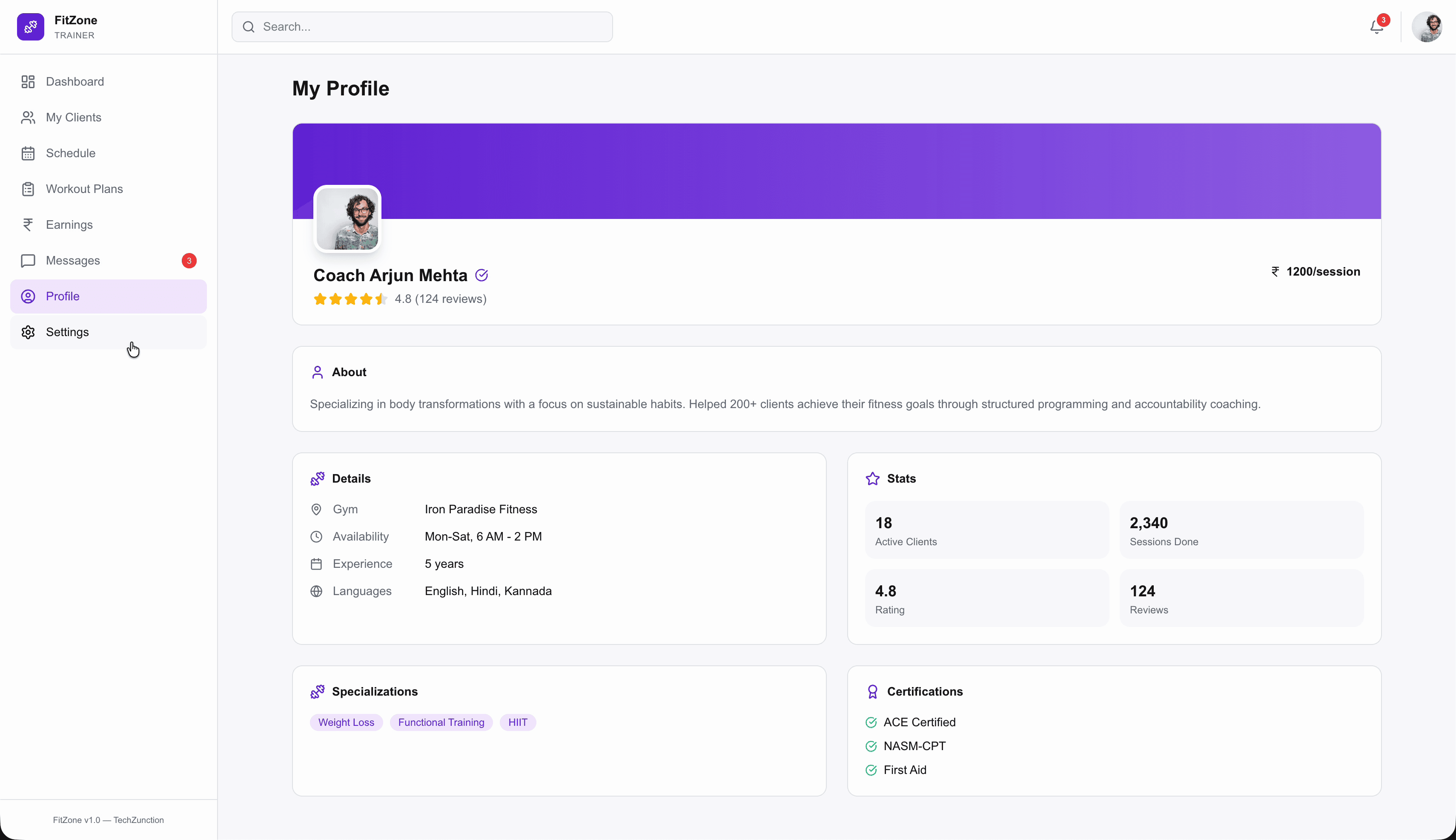 FitZone trainer profile — certifications, specializations, stats, and availability