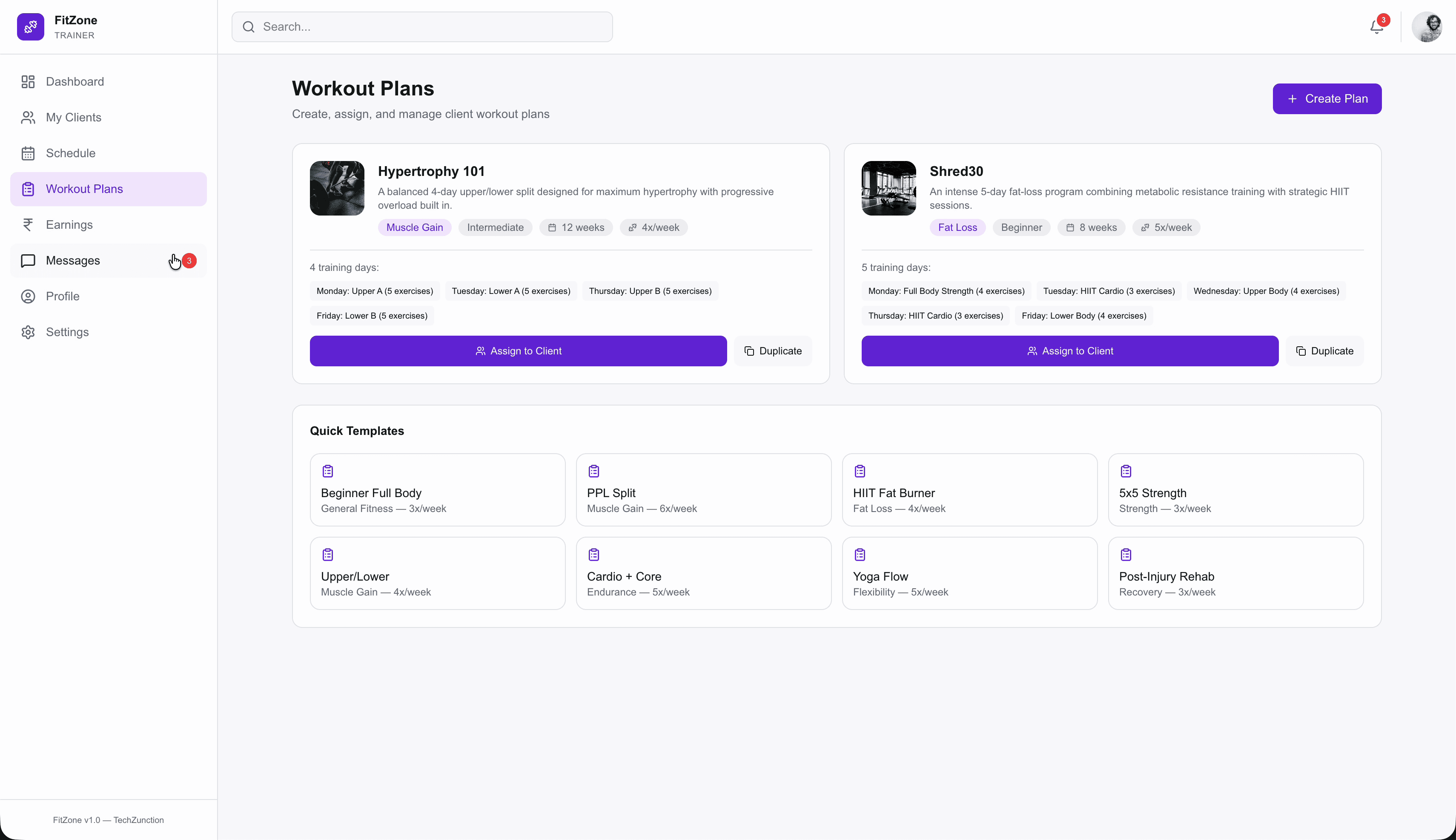FitZone trainer workout plans — create and assign plans with quick templates