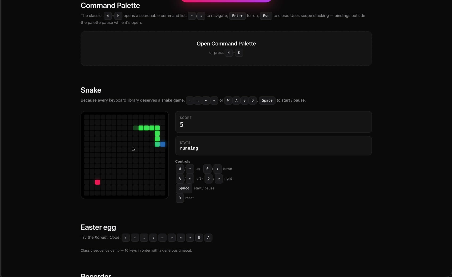 keyboard.js Snake game — built entirely with the library, Space to start/pause, WASD/arrows to move, plus Konami code easter egg and Vim-style command palette