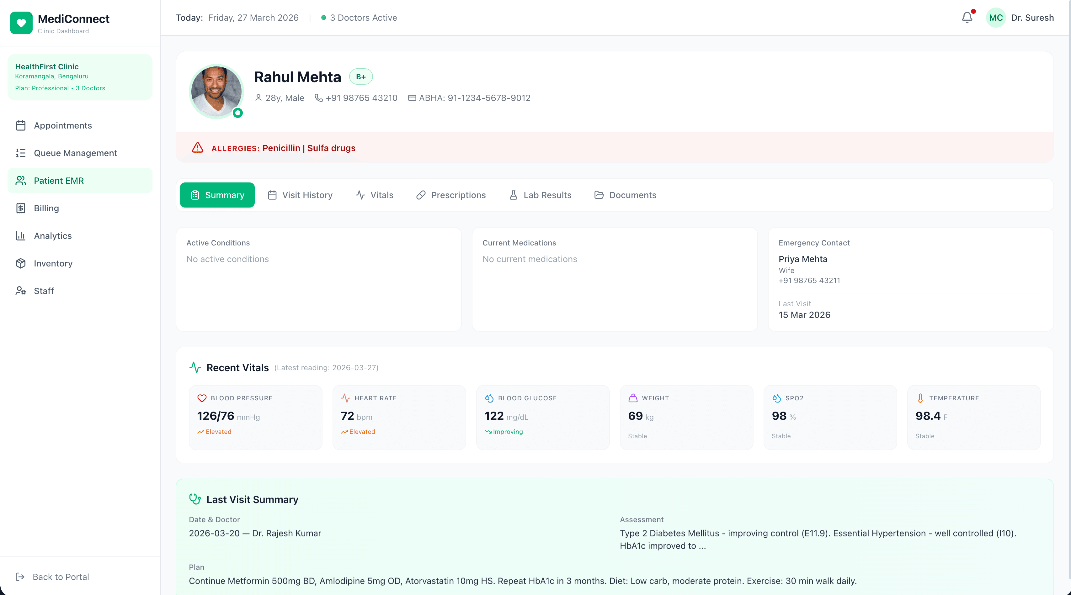 MediConnect clinic EMR — electronic medical records with patient history, vitals, diagnoses, and treatment plans