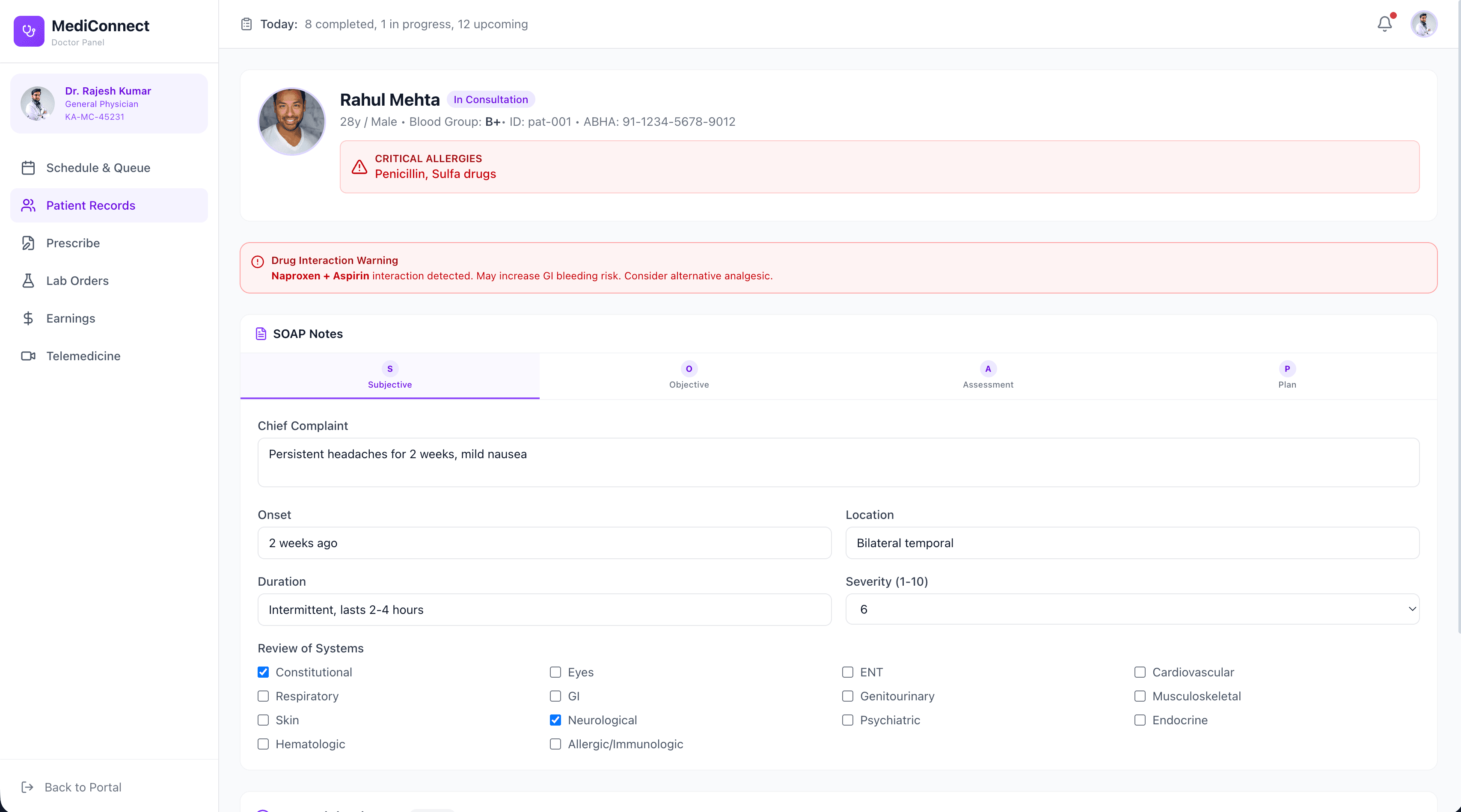 MediConnect doctor patient view — complete patient history, vitals, prescriptions, and lab results at a glance