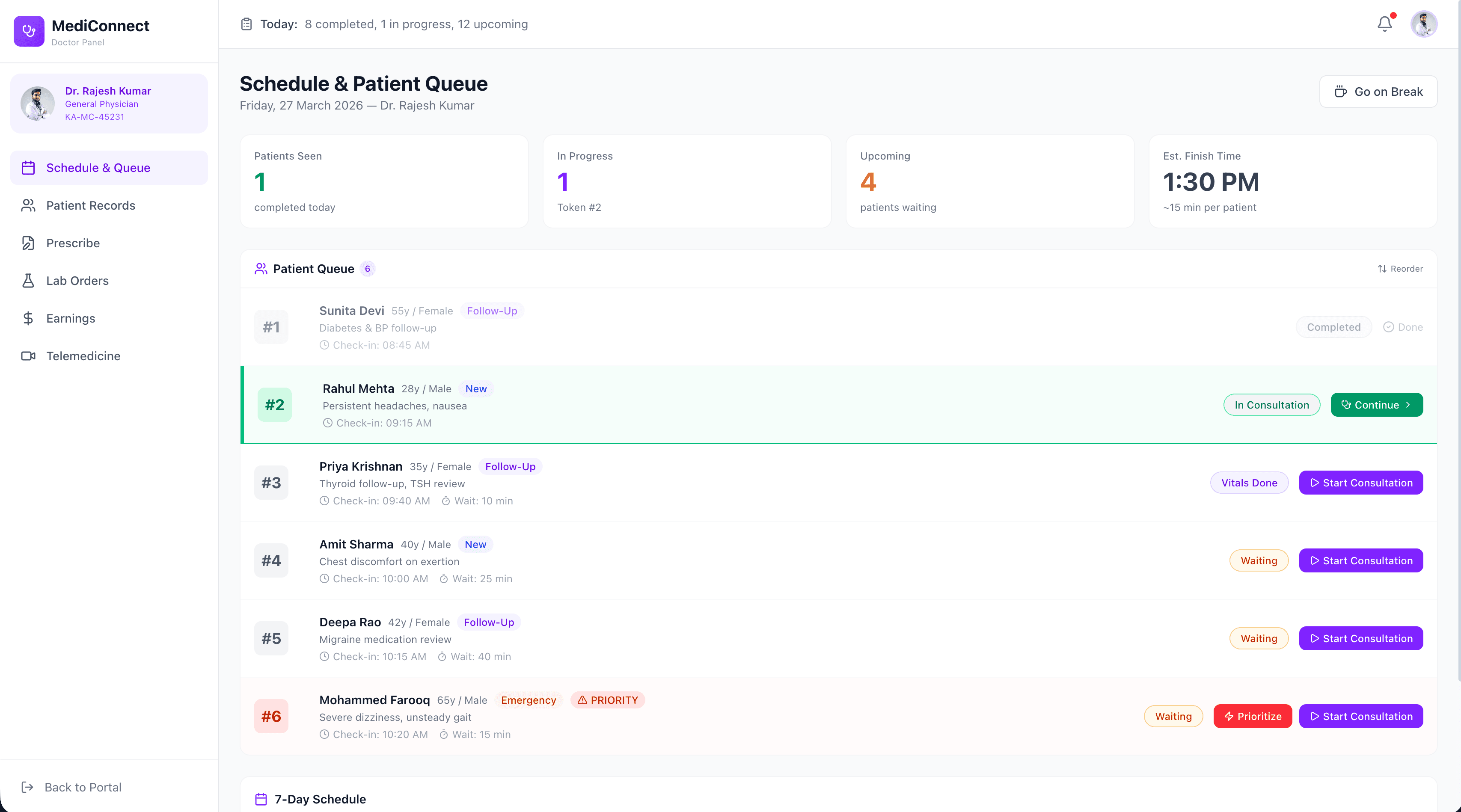 MediConnect doctor queue — real-time patient queue management with wait time estimates and consultation status