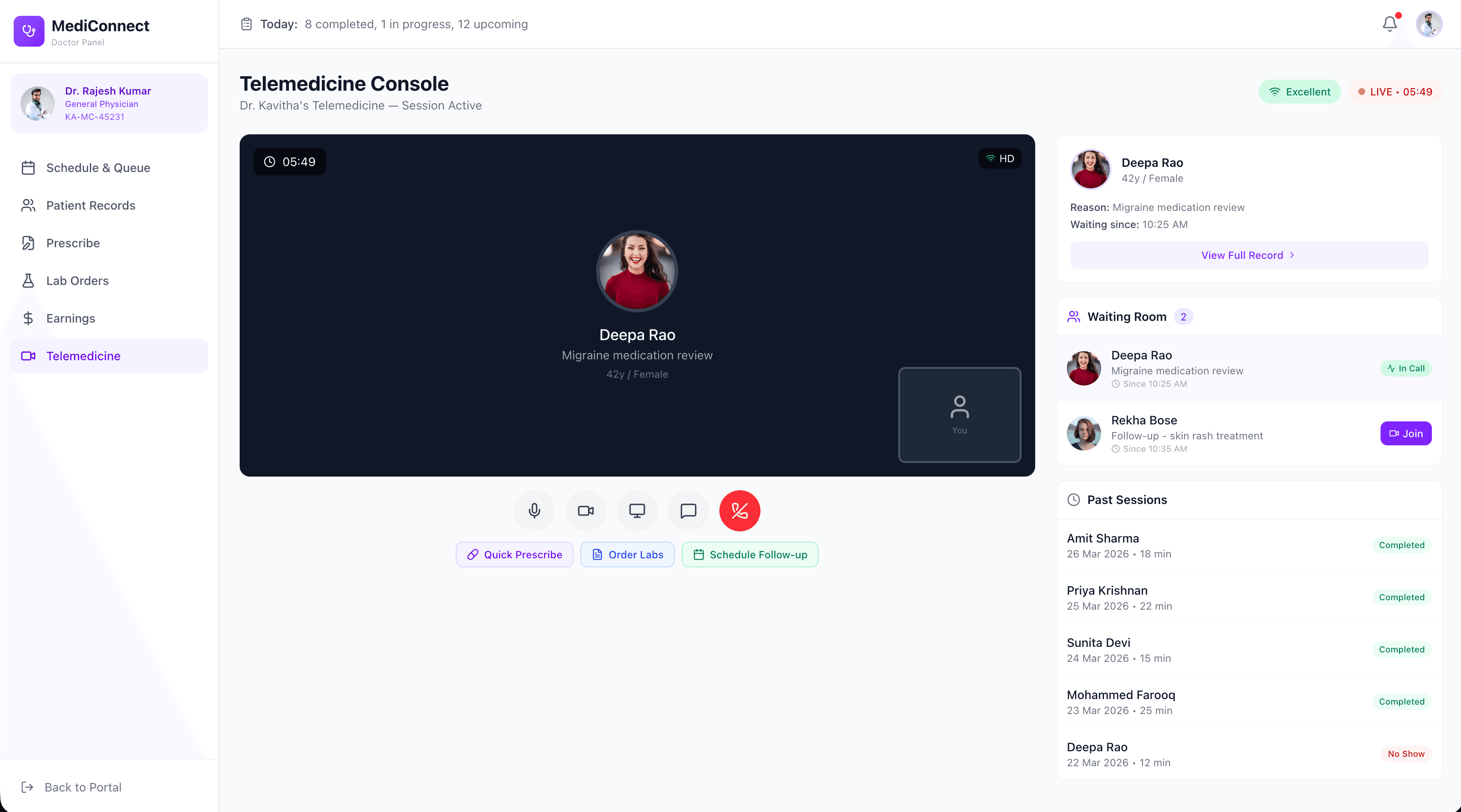 MediConnect doctor telemedicine — HD video consultation interface with patient records and prescription writing