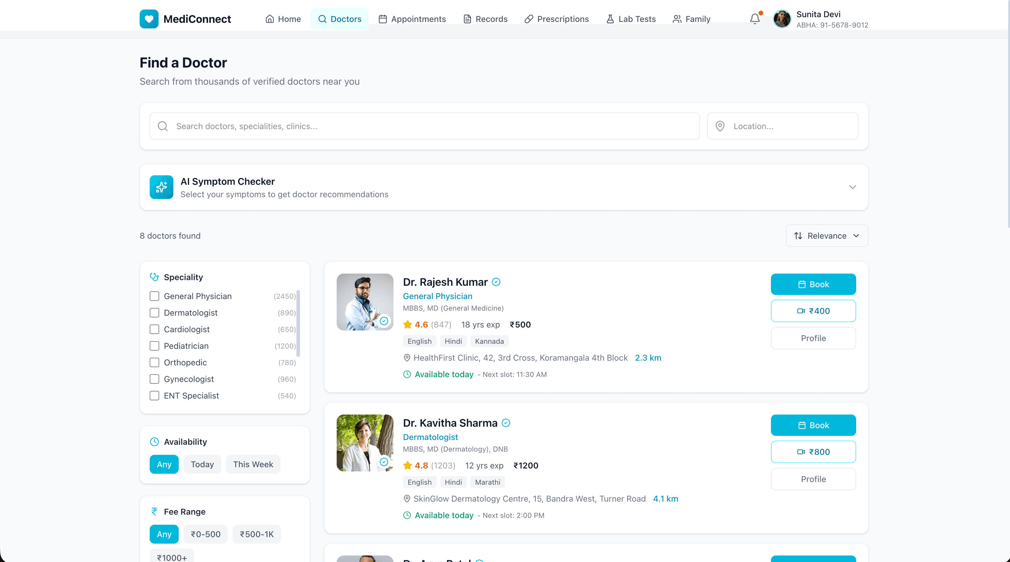 MediConnect doctor discovery — search by speciality, location, rating, and availability with detailed doctor profiles