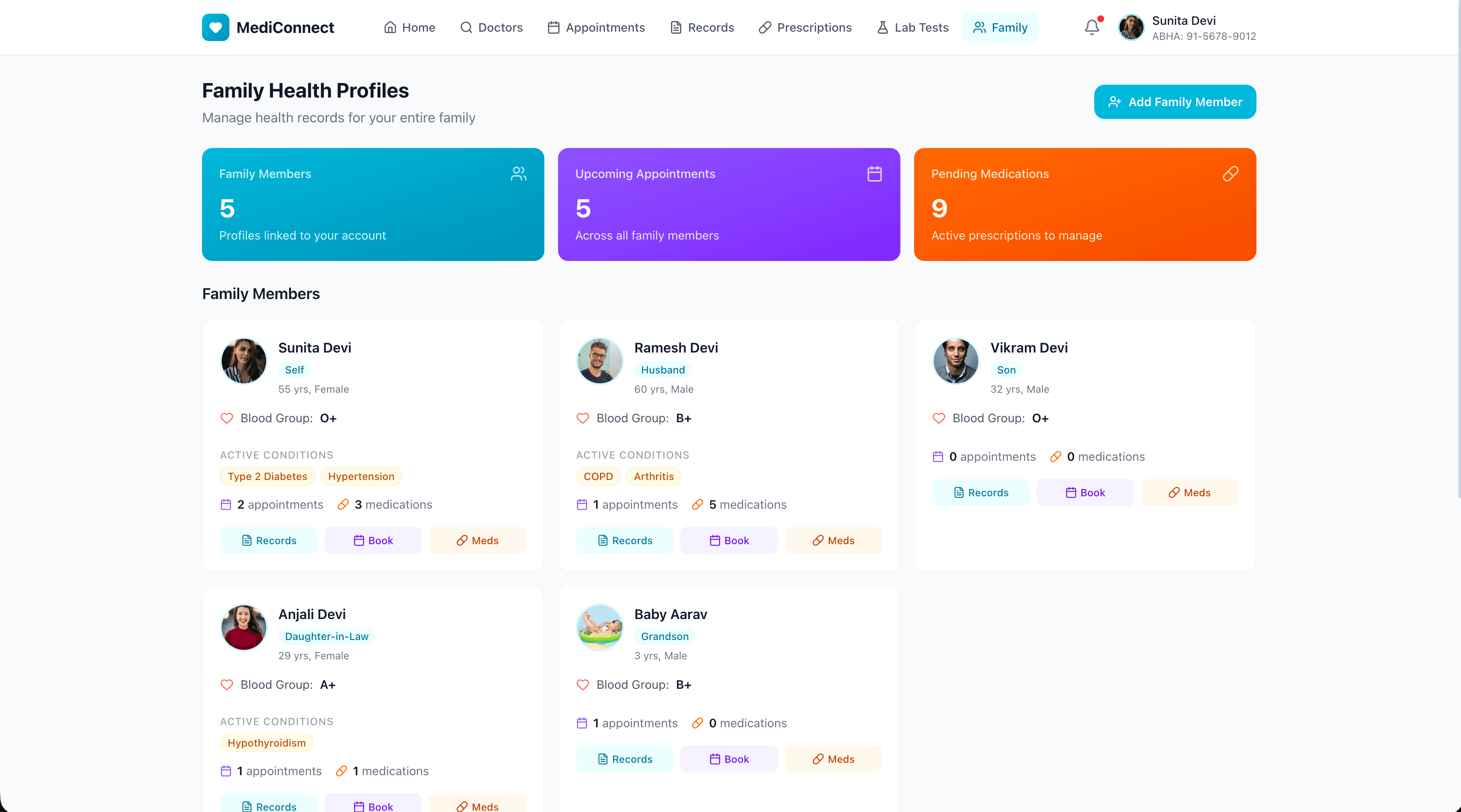 MediConnect family profiles — manage health records for multiple family members with individual medical histories