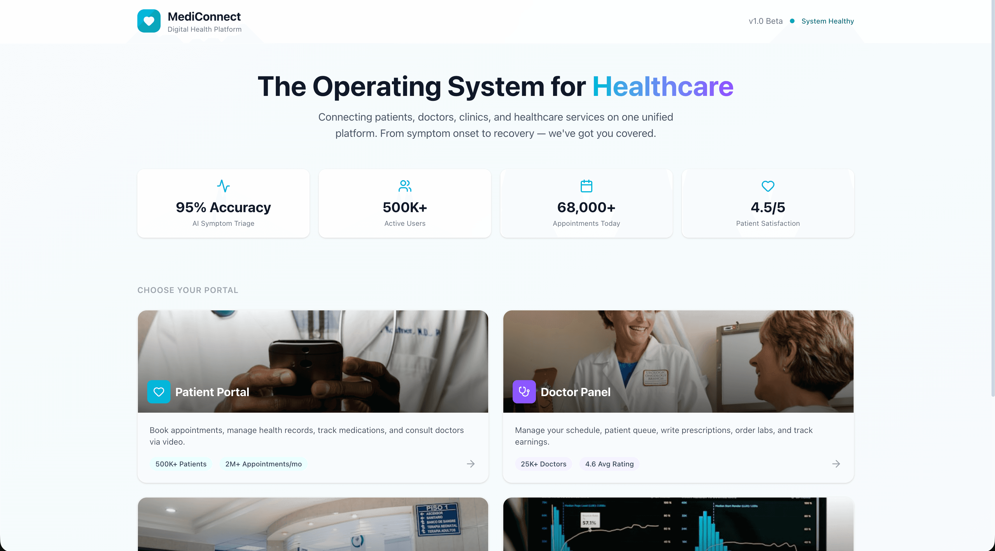 MediConnect patient homepage — AI symptom checker, doctor search, appointment booking, health records, and telemedicine access