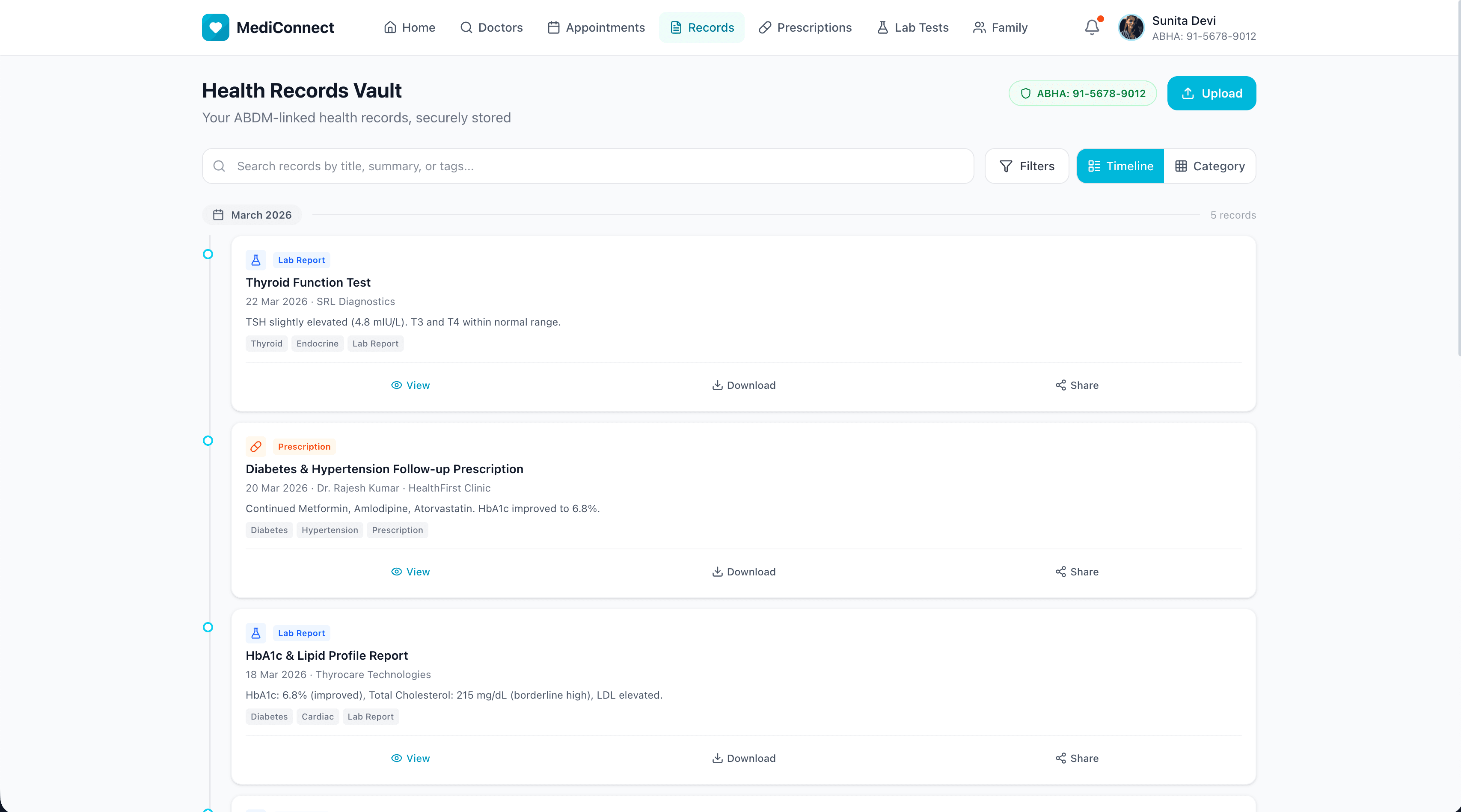 MediConnect lab tests — order lab tests, view results, and track health markers over time