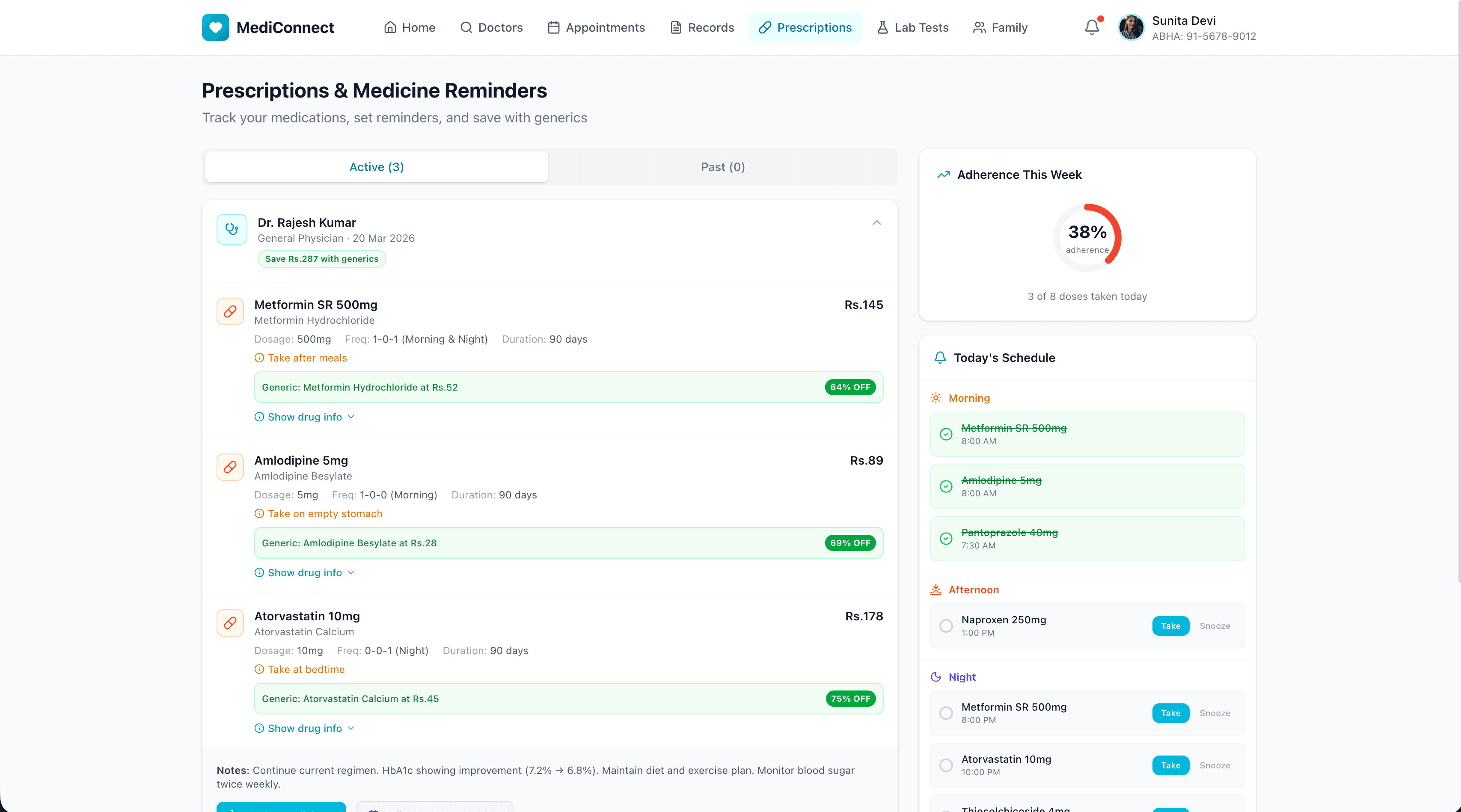MediConnect prescriptions — digital prescription management with medication reminders and pharmacy integration