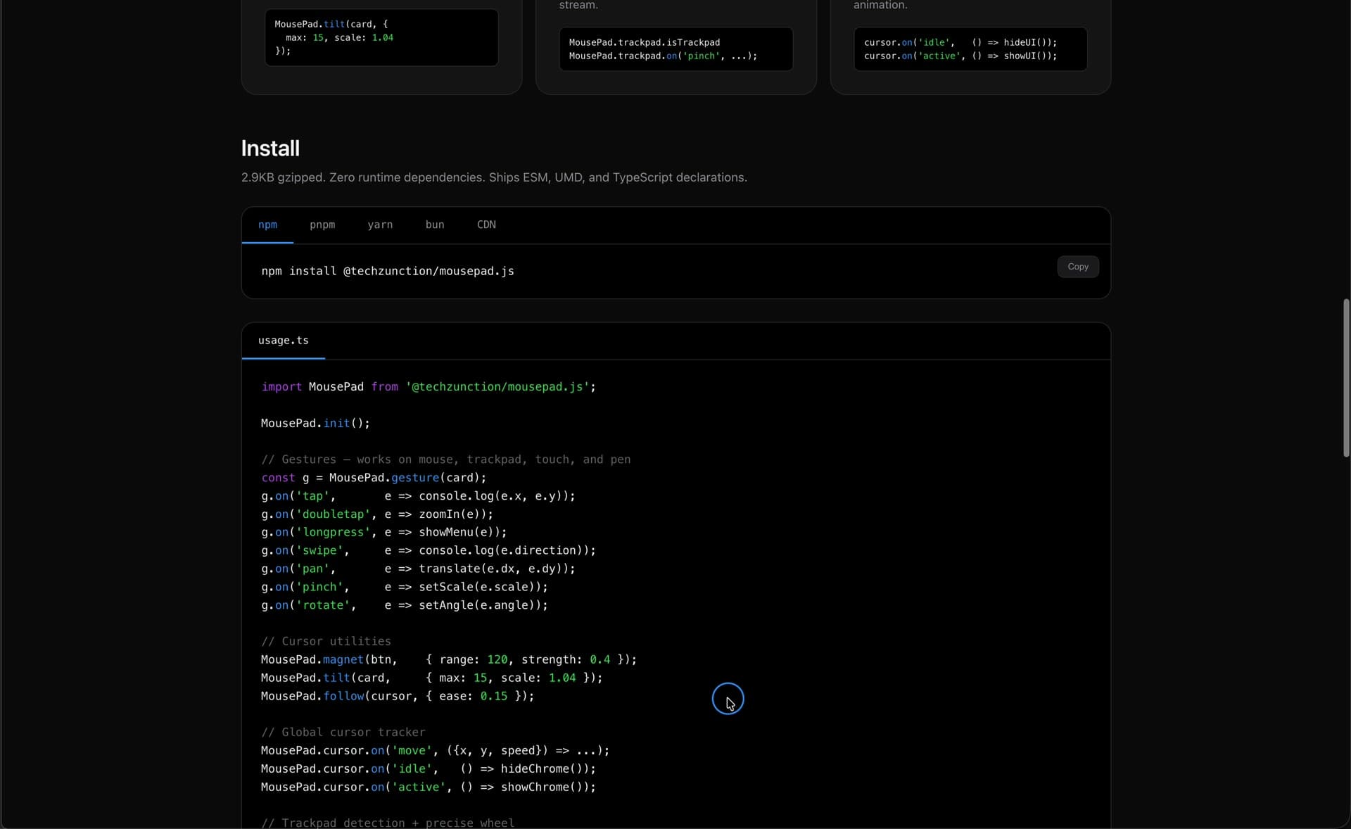 mousepad.js usage example — npm install, MousePad.gesture with tap/doubletap/longpress/swipe/pan/pinch/rotate, plus magnet/tilt/follow cursor utilities