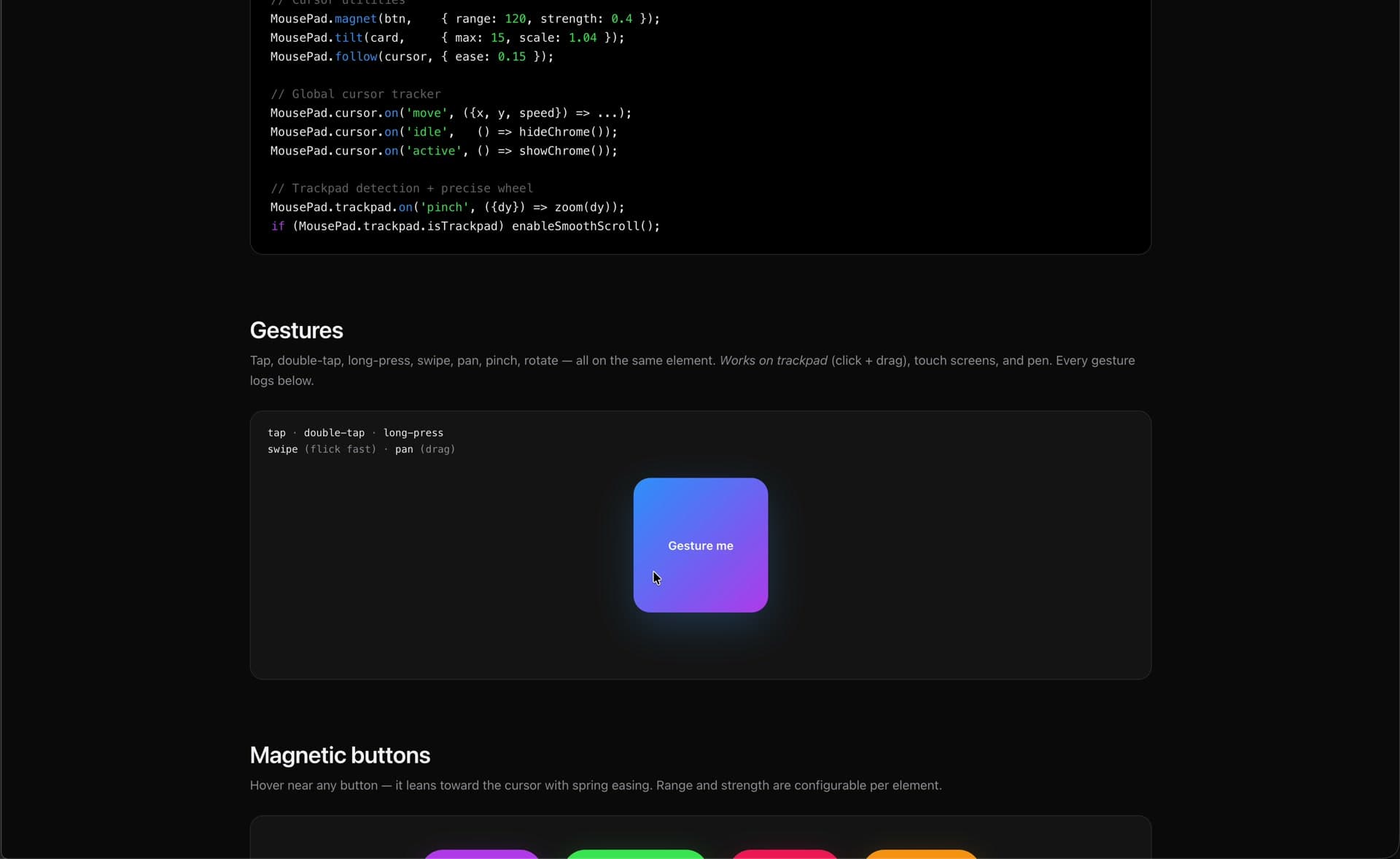 Gestures demo — tap, double-tap, long-press, swipe (flick fast), pan (drag) all working on the same element across trackpad, touch, and pen