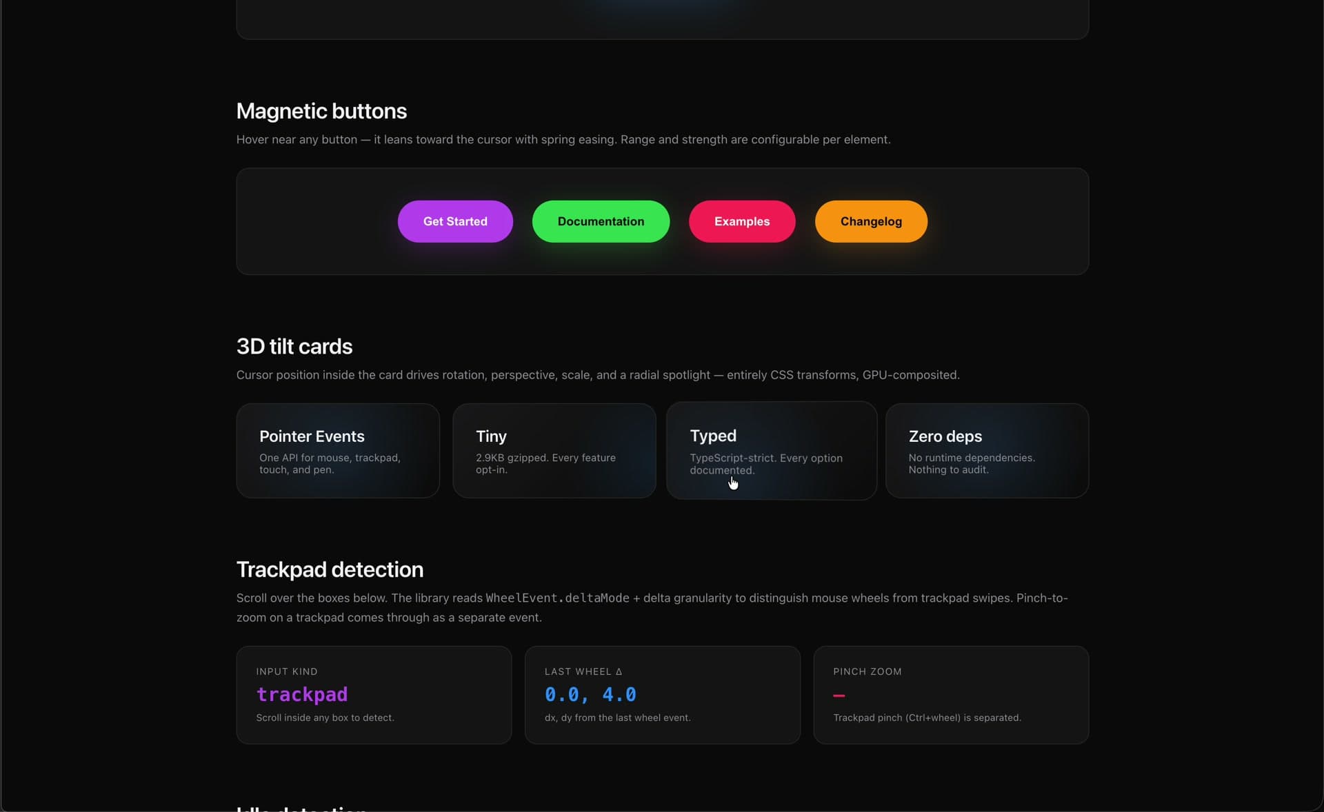 Magnetic buttons + 3D tilt cards — Get Started / Documentation / Examples / Changelog with spring-easing magnet, plus feature cards (Pointer Events, Tiny, Typed, Zero deps)