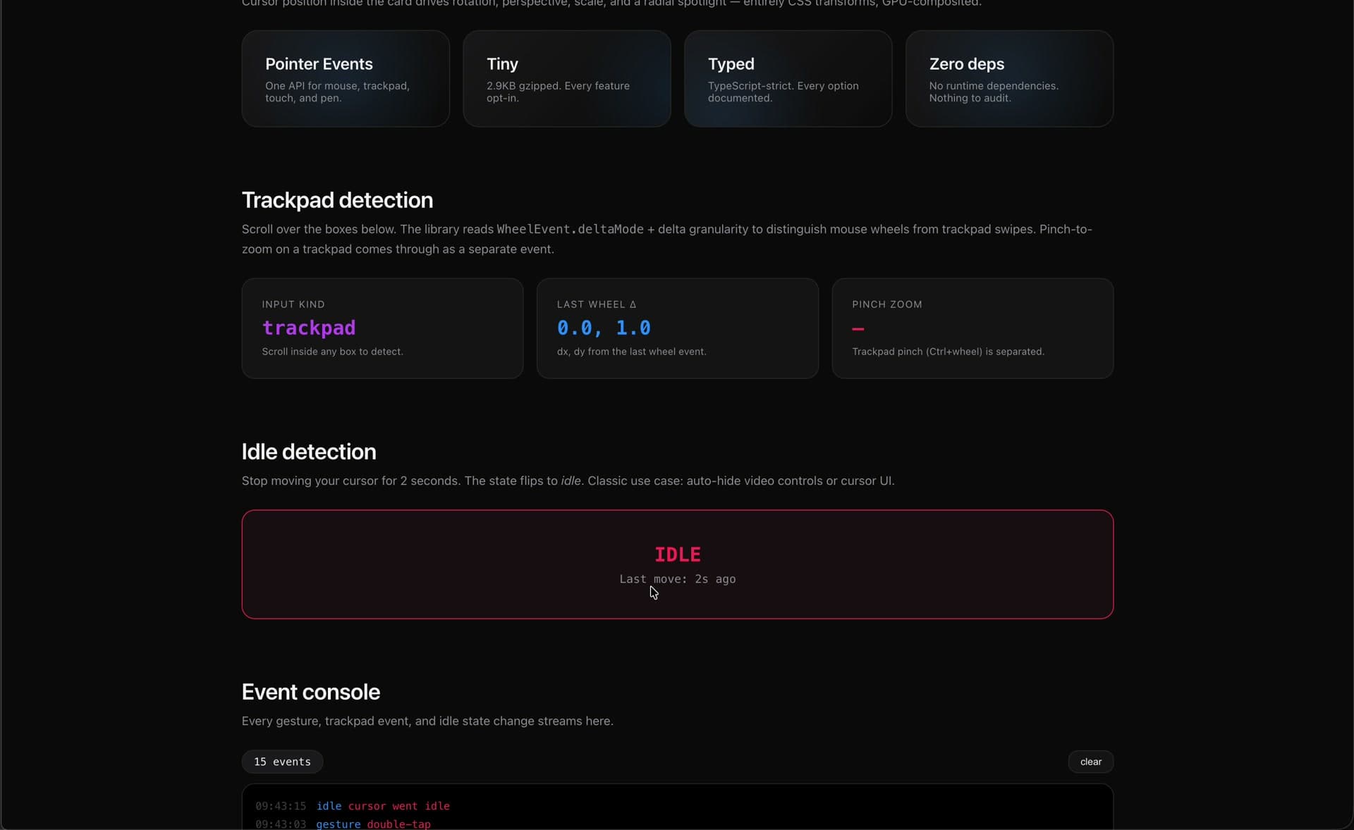 Trackpad detection + idle detection + event console — WheelEvent.deltaMode distinguishes wheel vs trackpad, pinch zoom is a separate event, idle flips after 2s